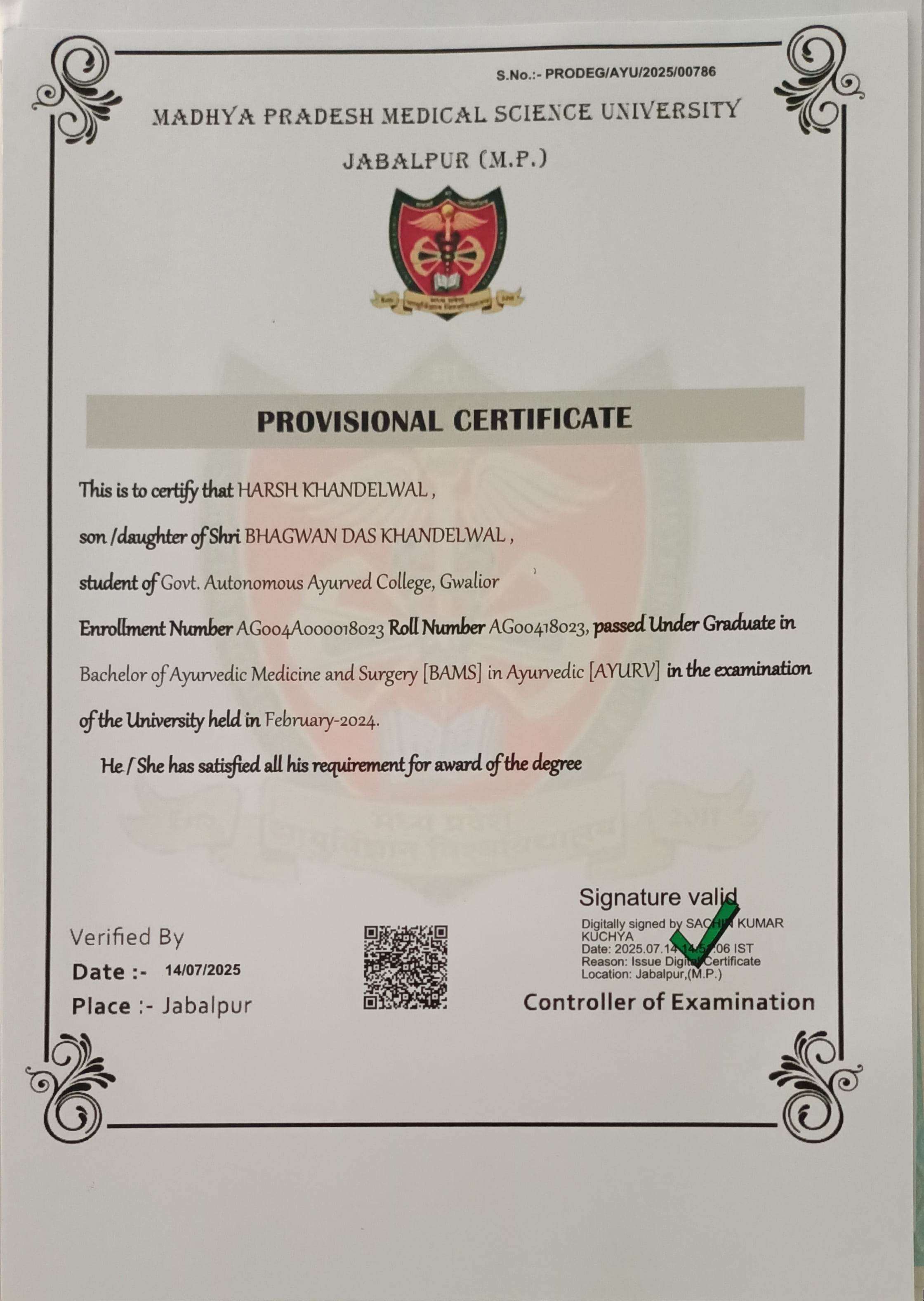 Ayurvedic doctor's certificate