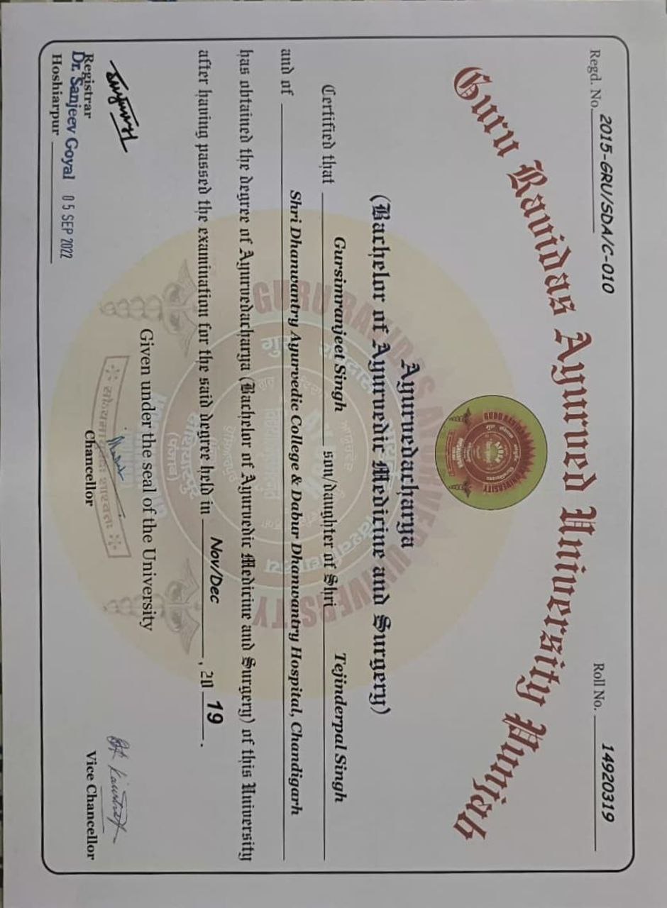 Ayurvedic doctor's certificate