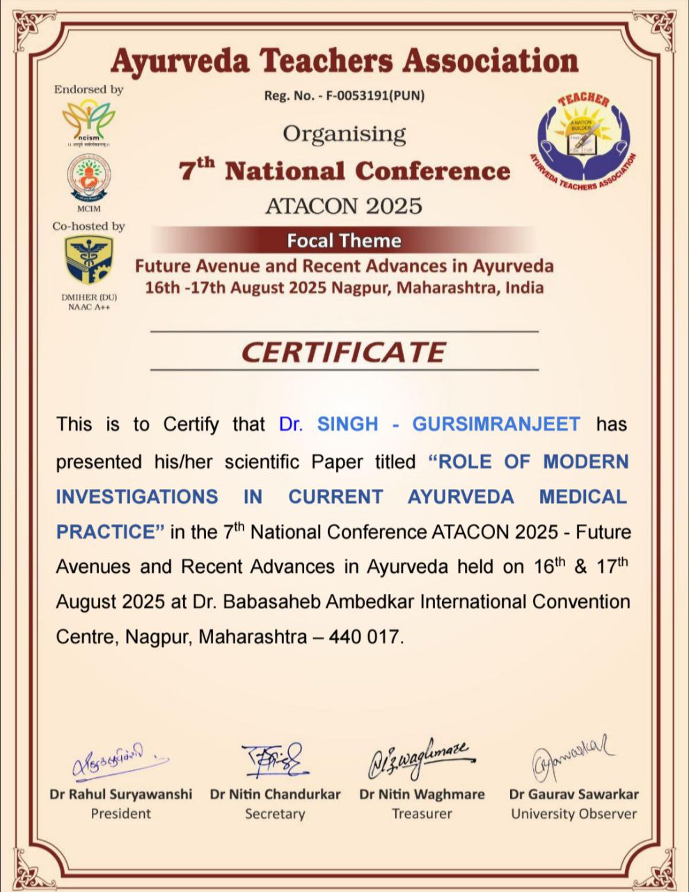 Ayurvedic doctor's certificate