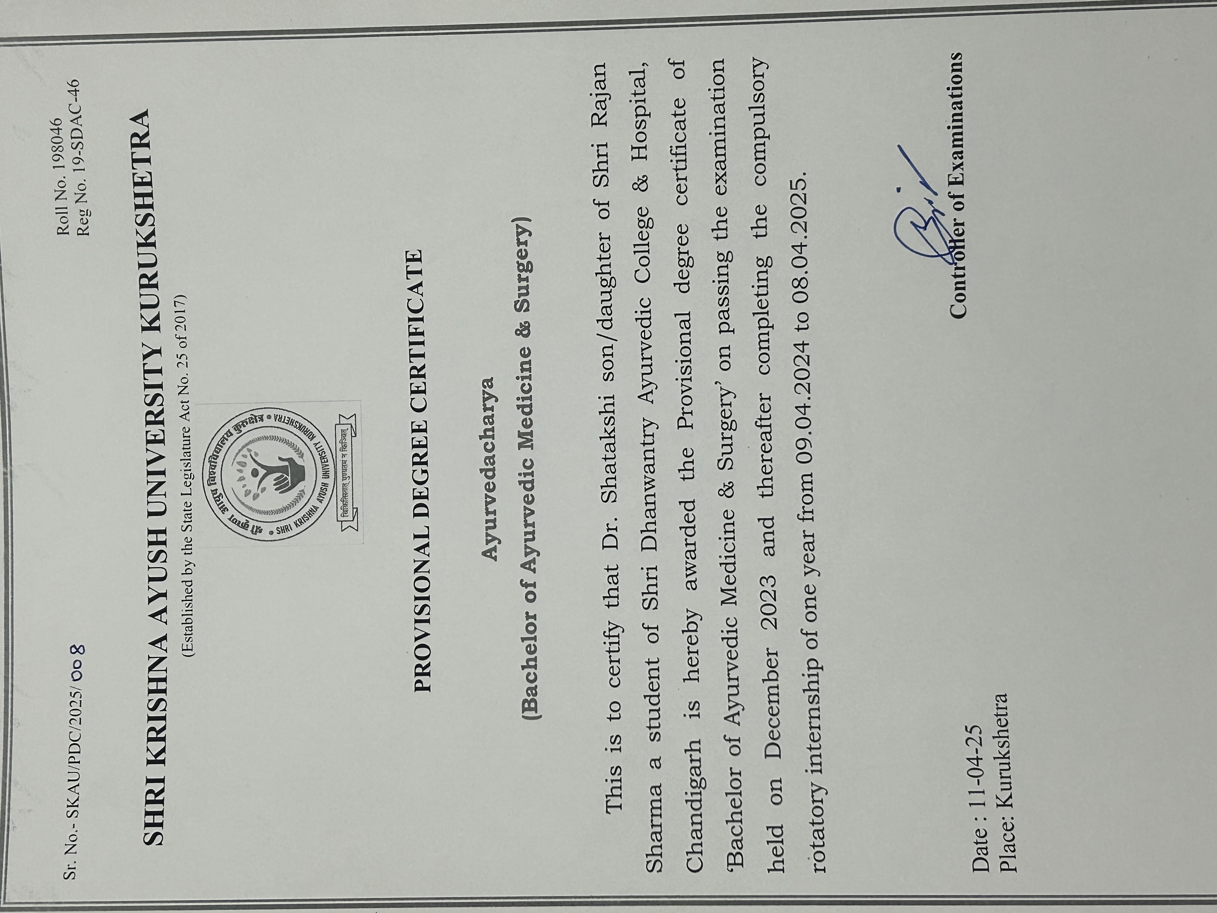 Ayurvedic doctor's certificate