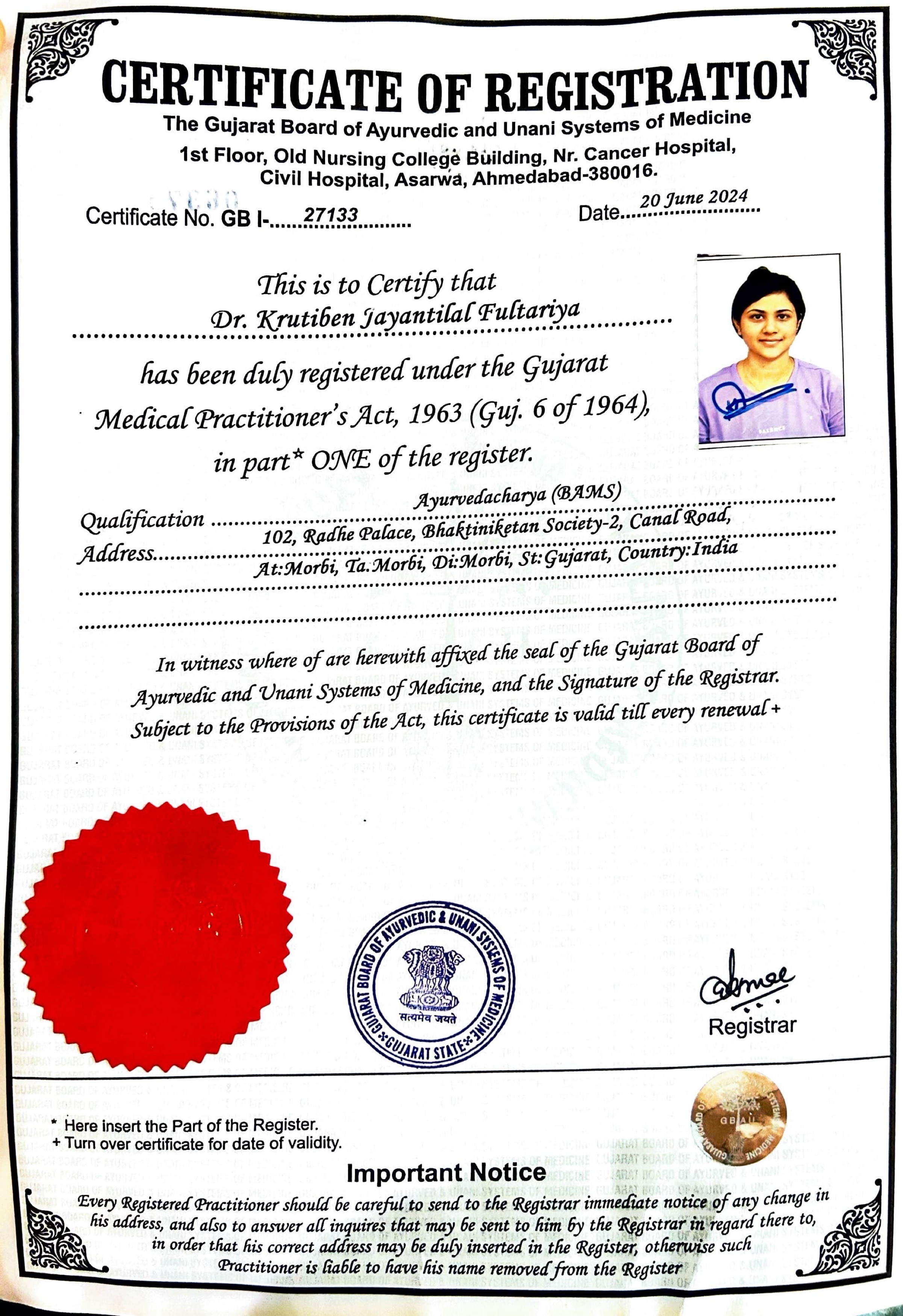 Ayurvedic doctor's certificate