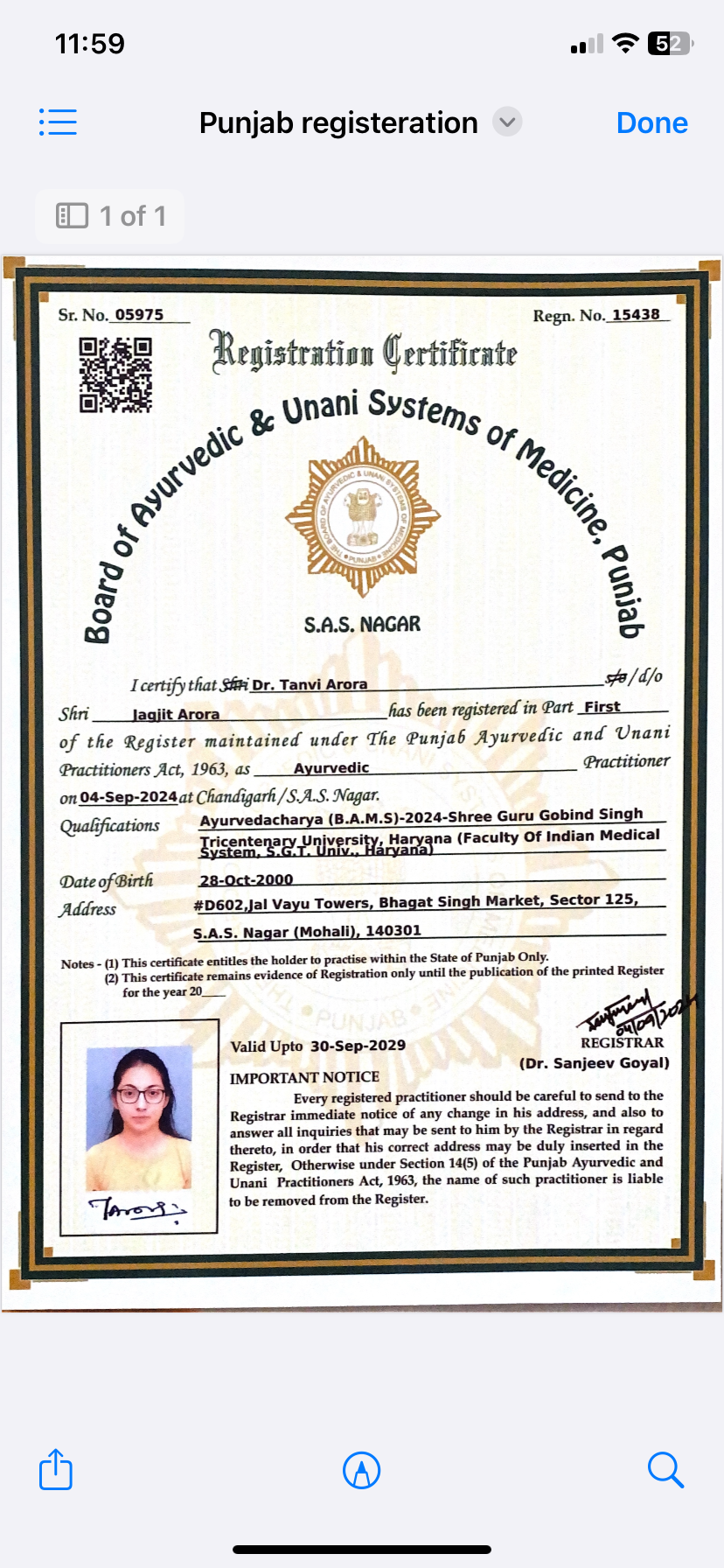 Ayurvedic doctor's certificate