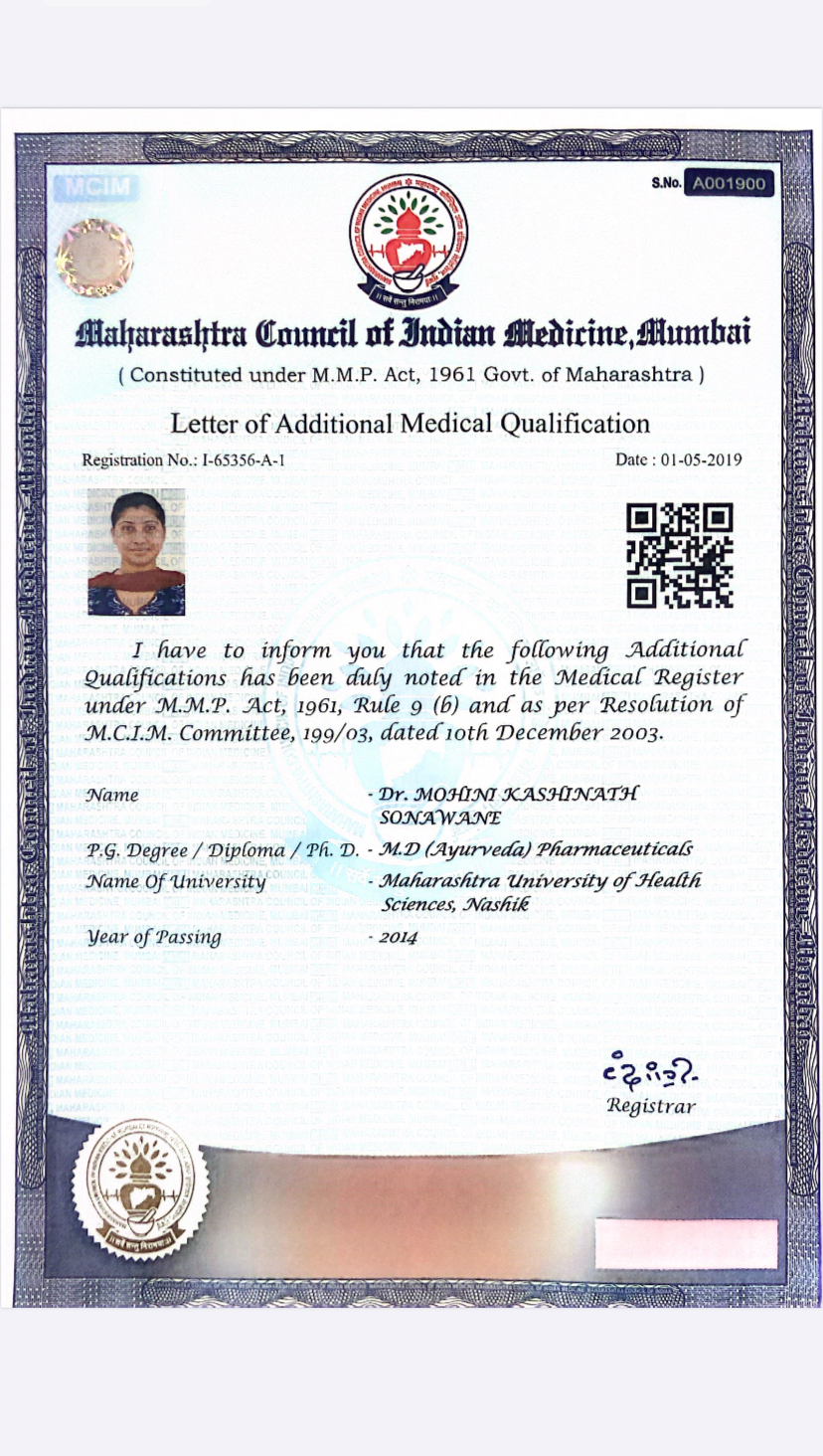 Ayurvedic doctor's certificate