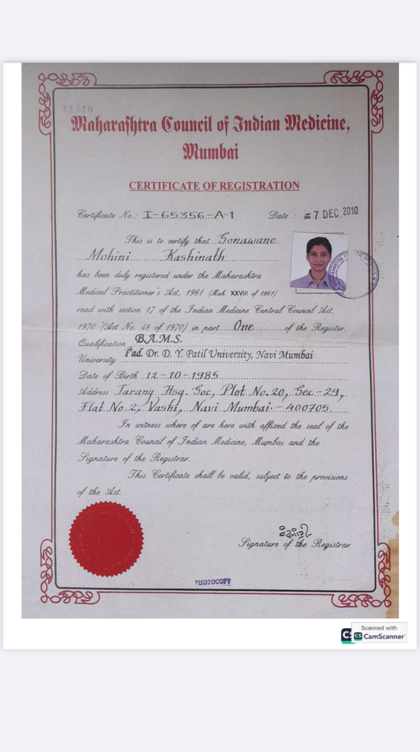 Ayurvedic doctor's certificate