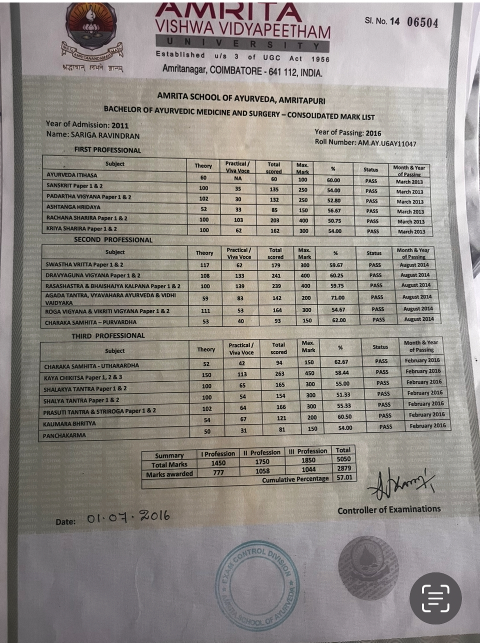 Ayurvedic doctor's certificate