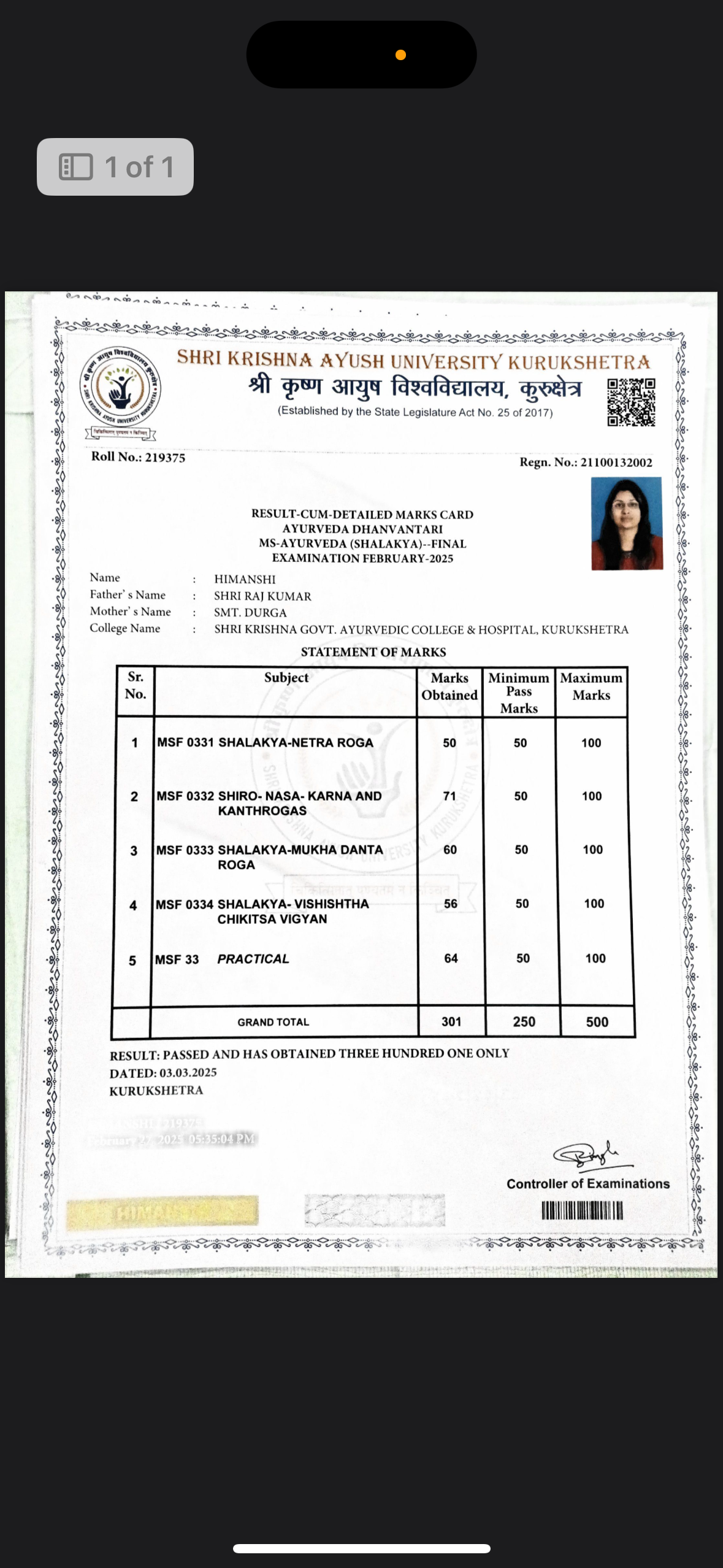 Ayurvedic doctor's certificate