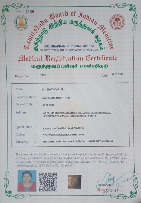Ayurvedic doctor's certificate