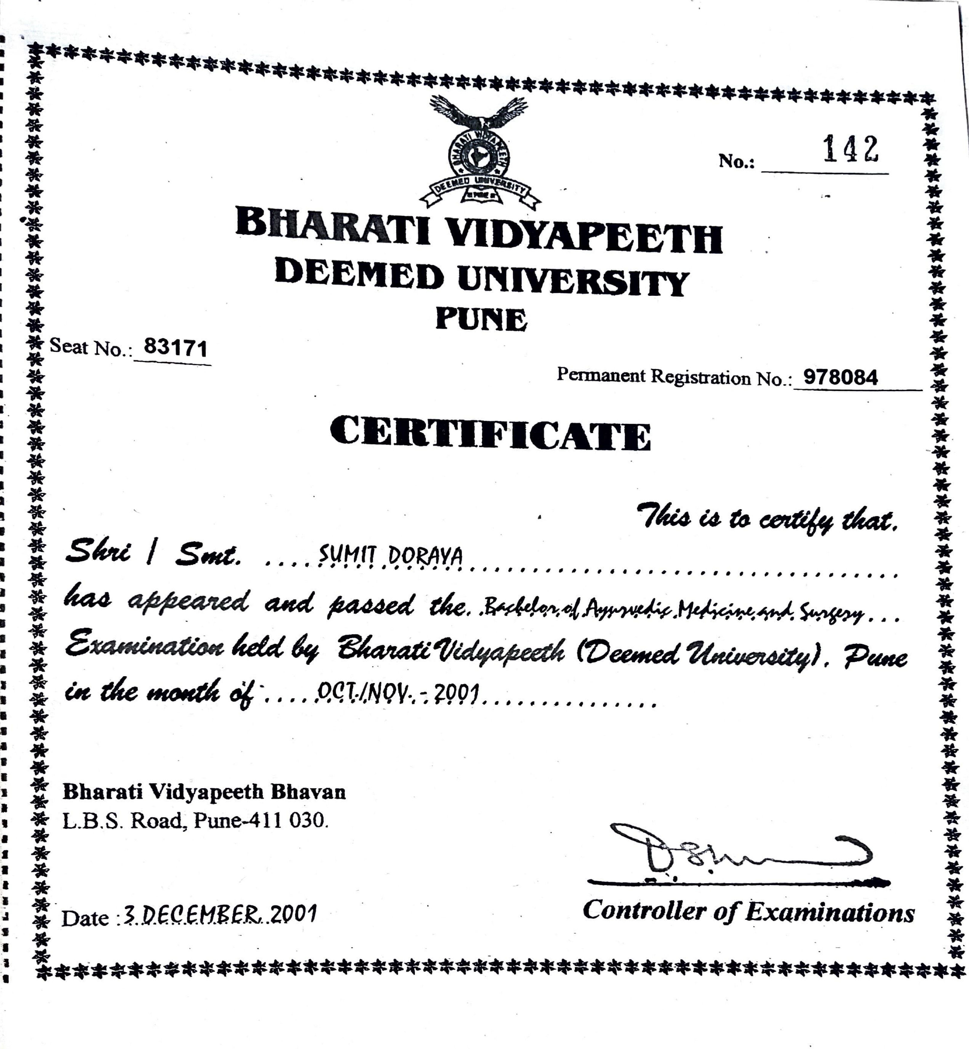 Ayurvedic doctor's certificate