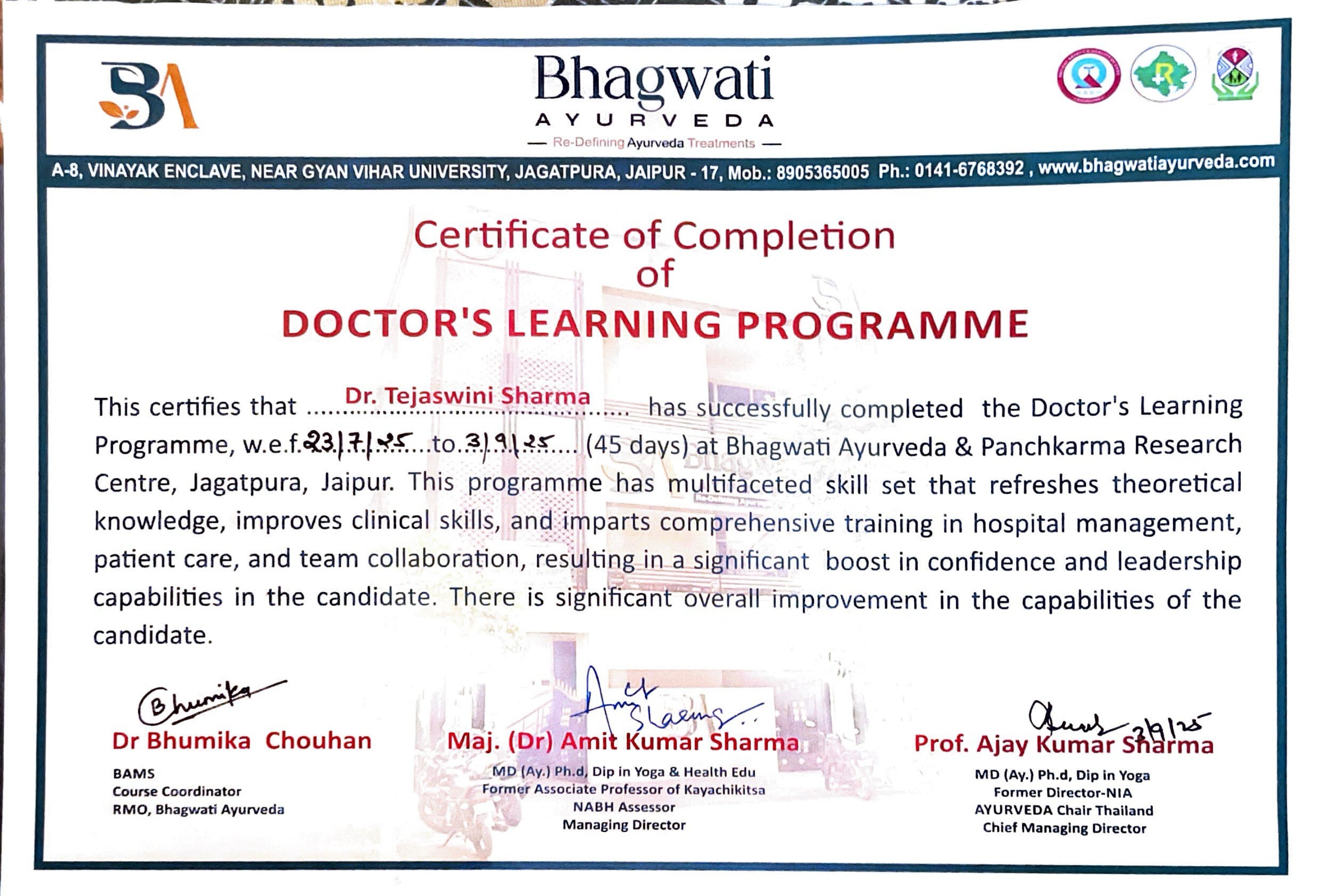 Ayurvedic doctor's certificate