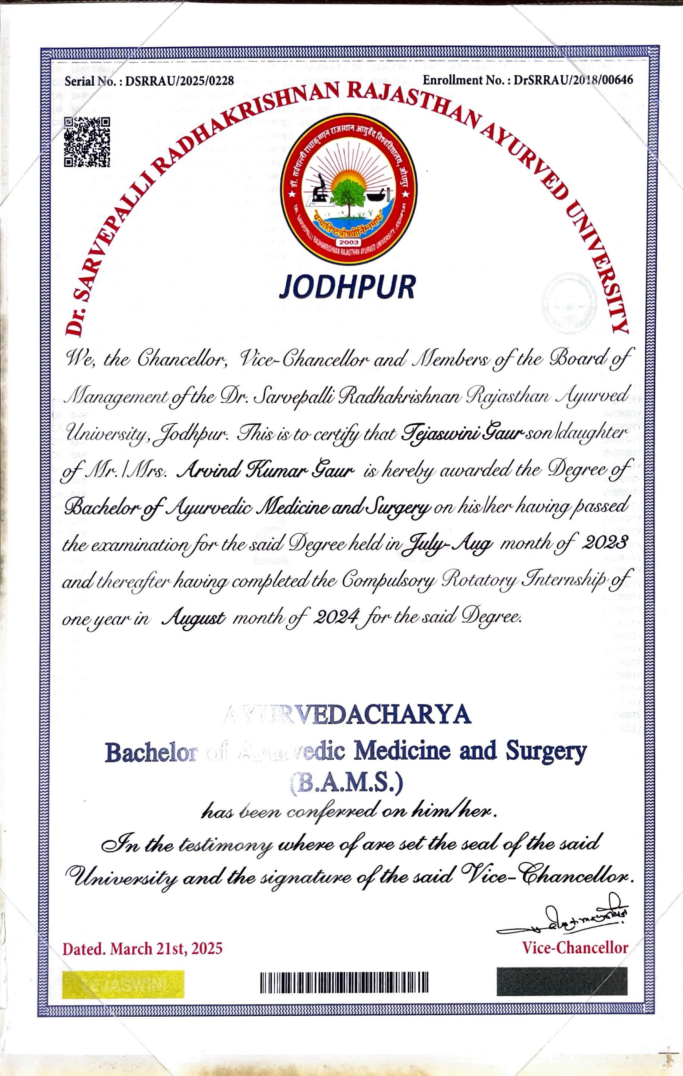 Ayurvedic doctor's certificate