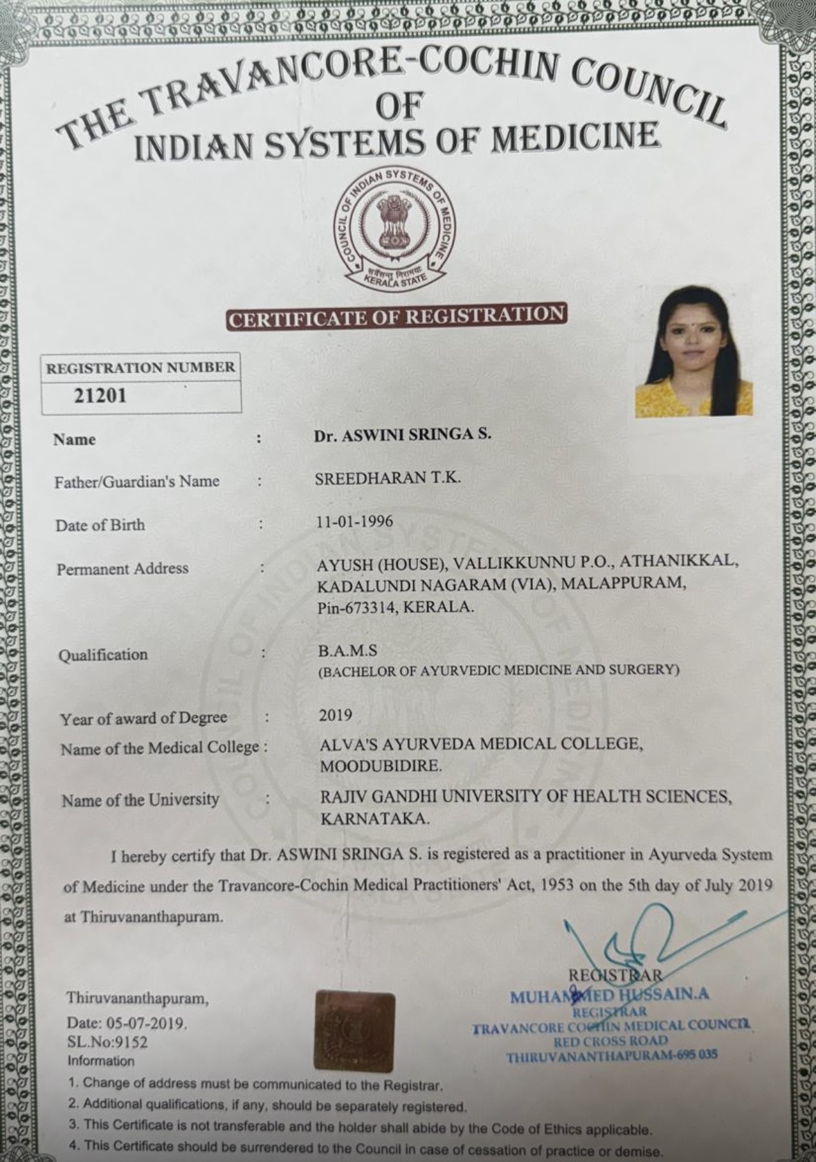 Ayurvedic doctor's certificate
