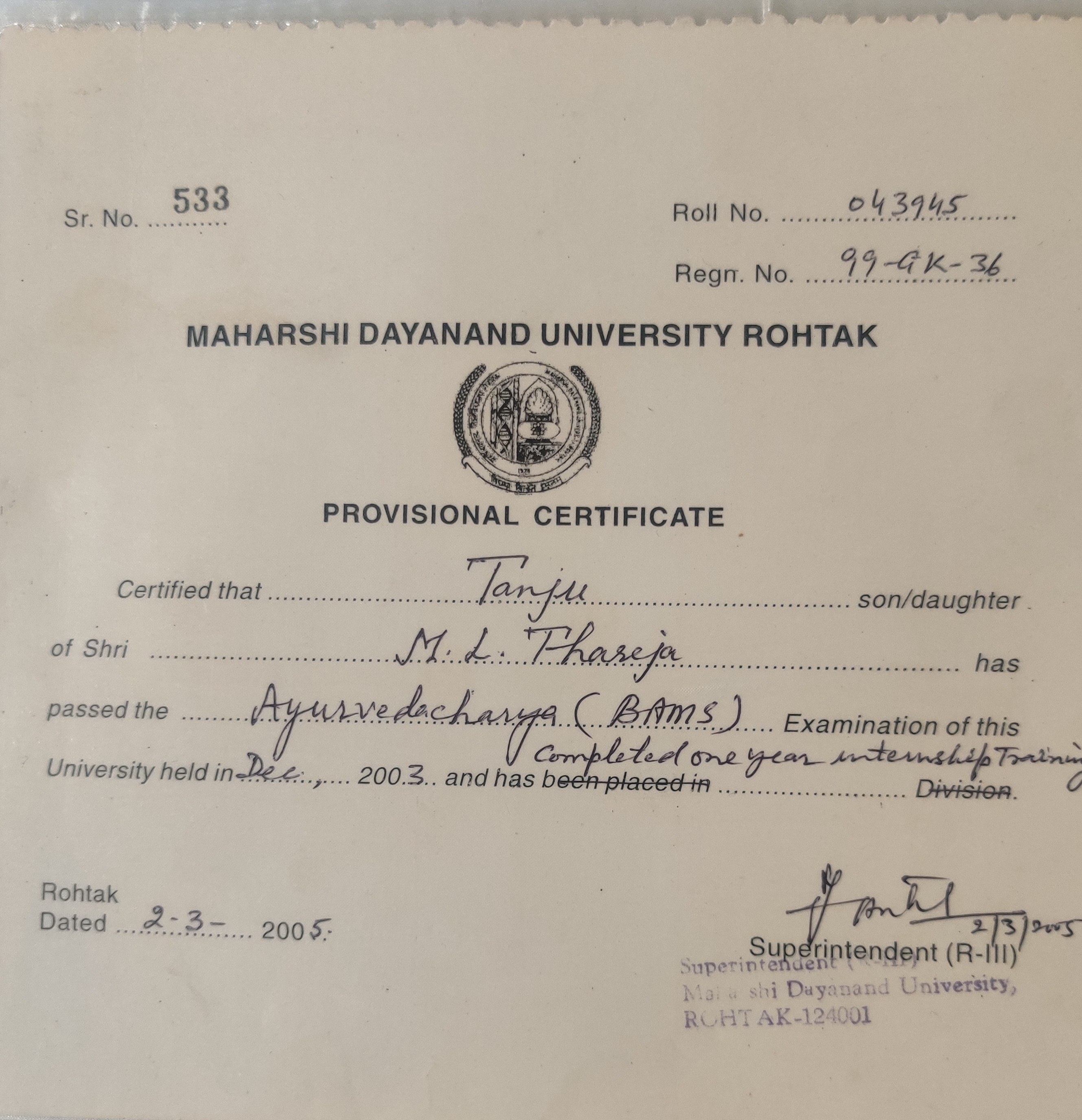 Ayurvedic doctor's certificate