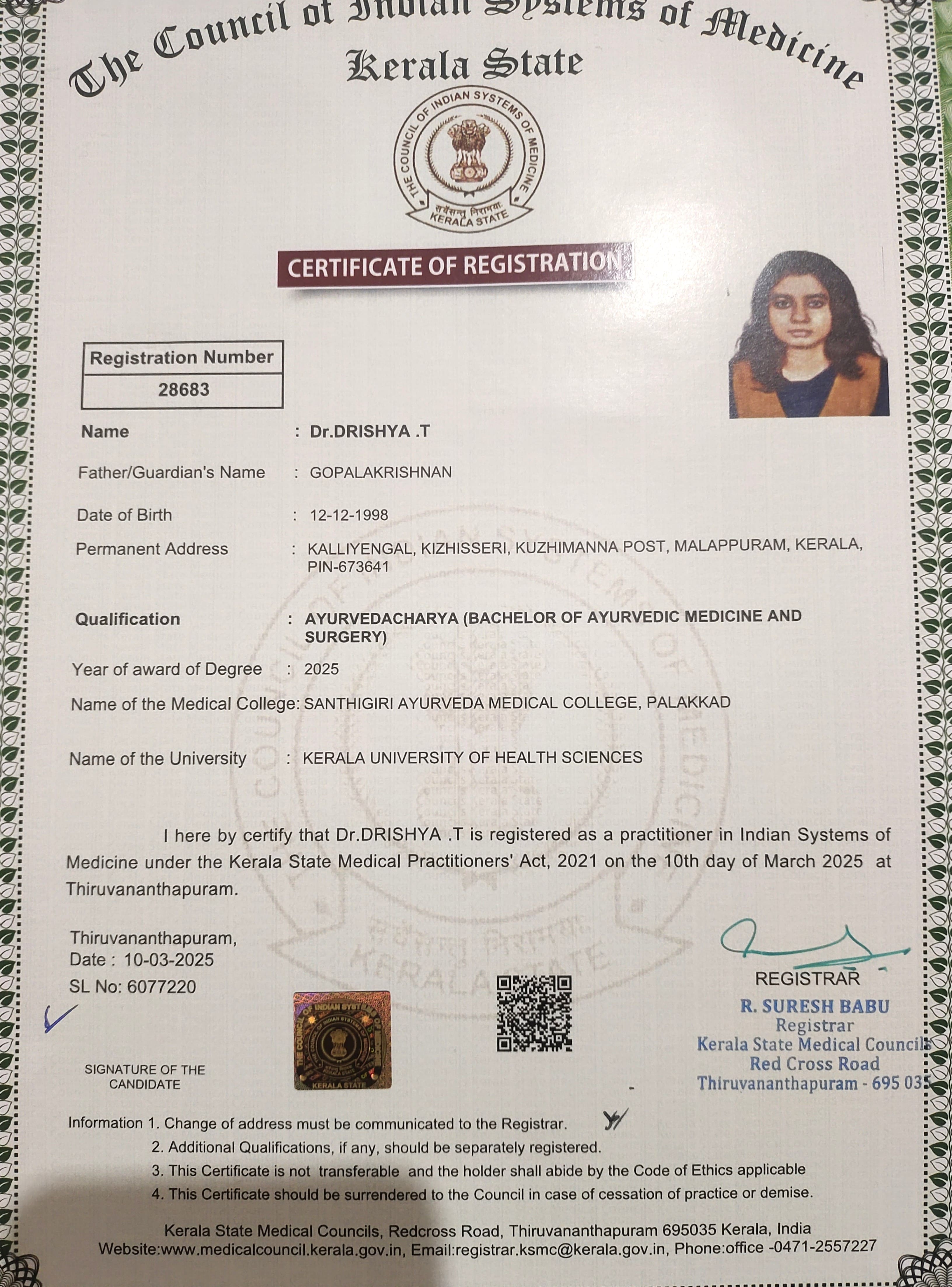 Ayurvedic doctor's certificate