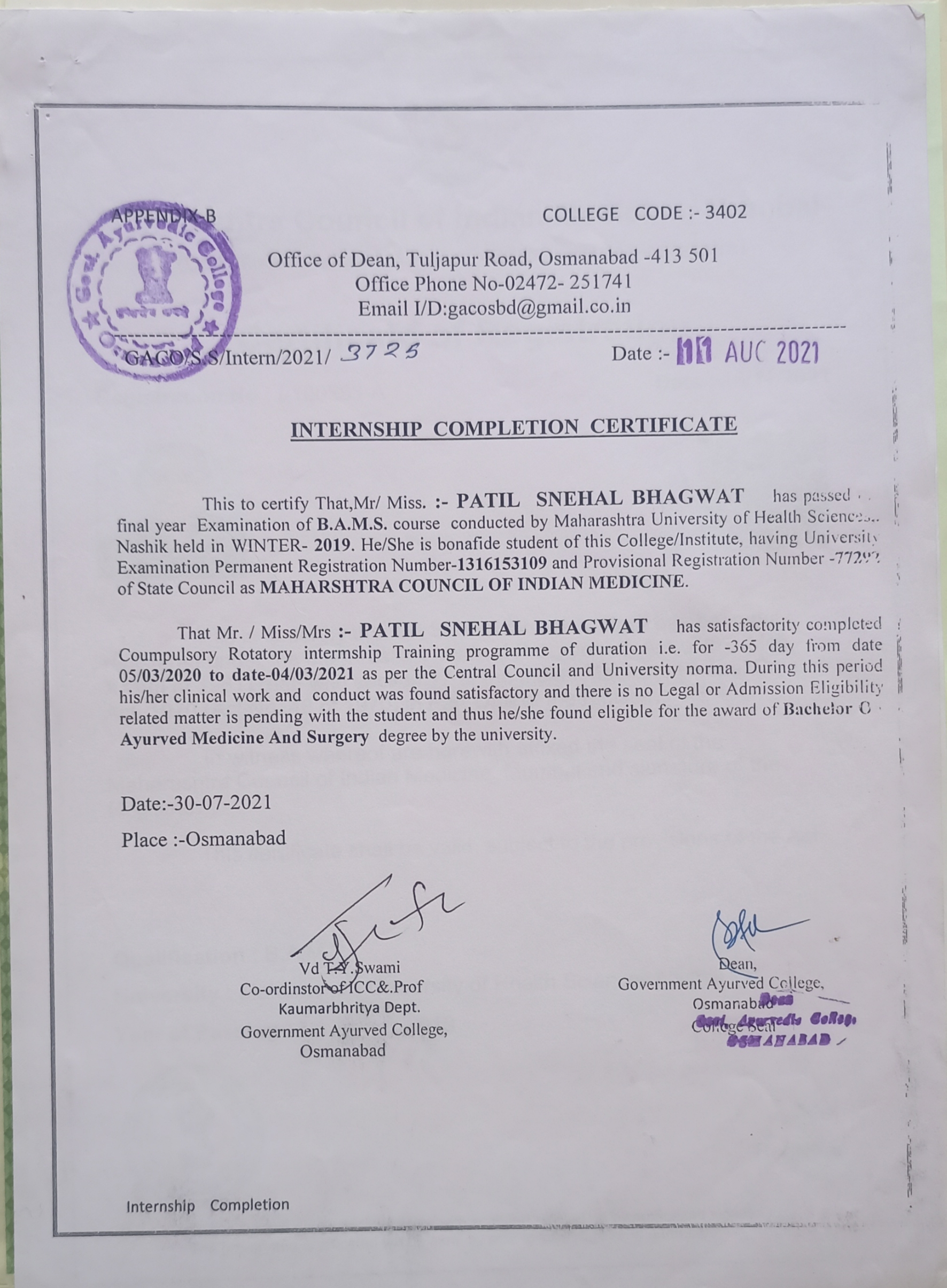 Ayurvedic doctor's certificate
