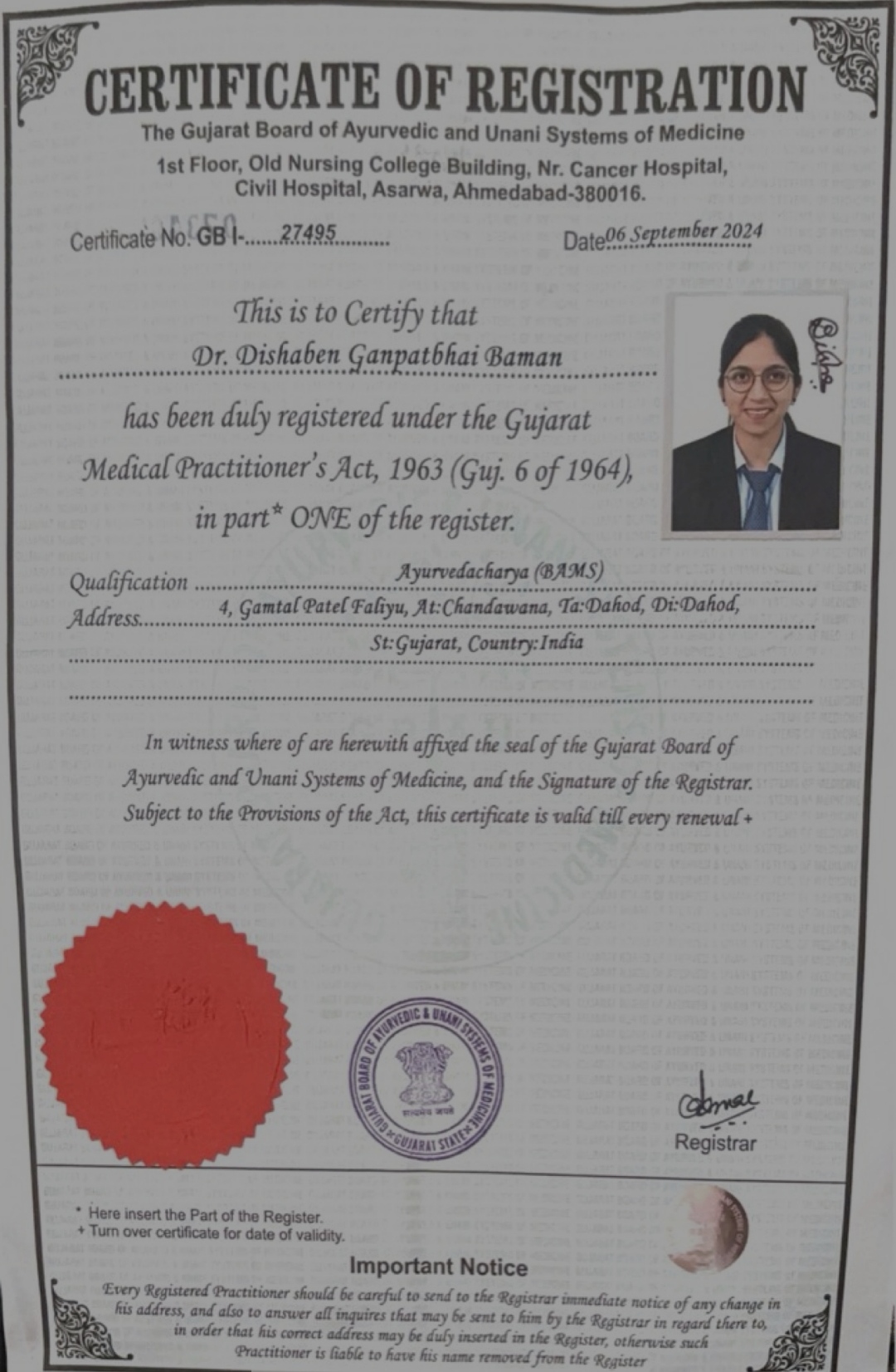 Ayurvedic doctor's certificate