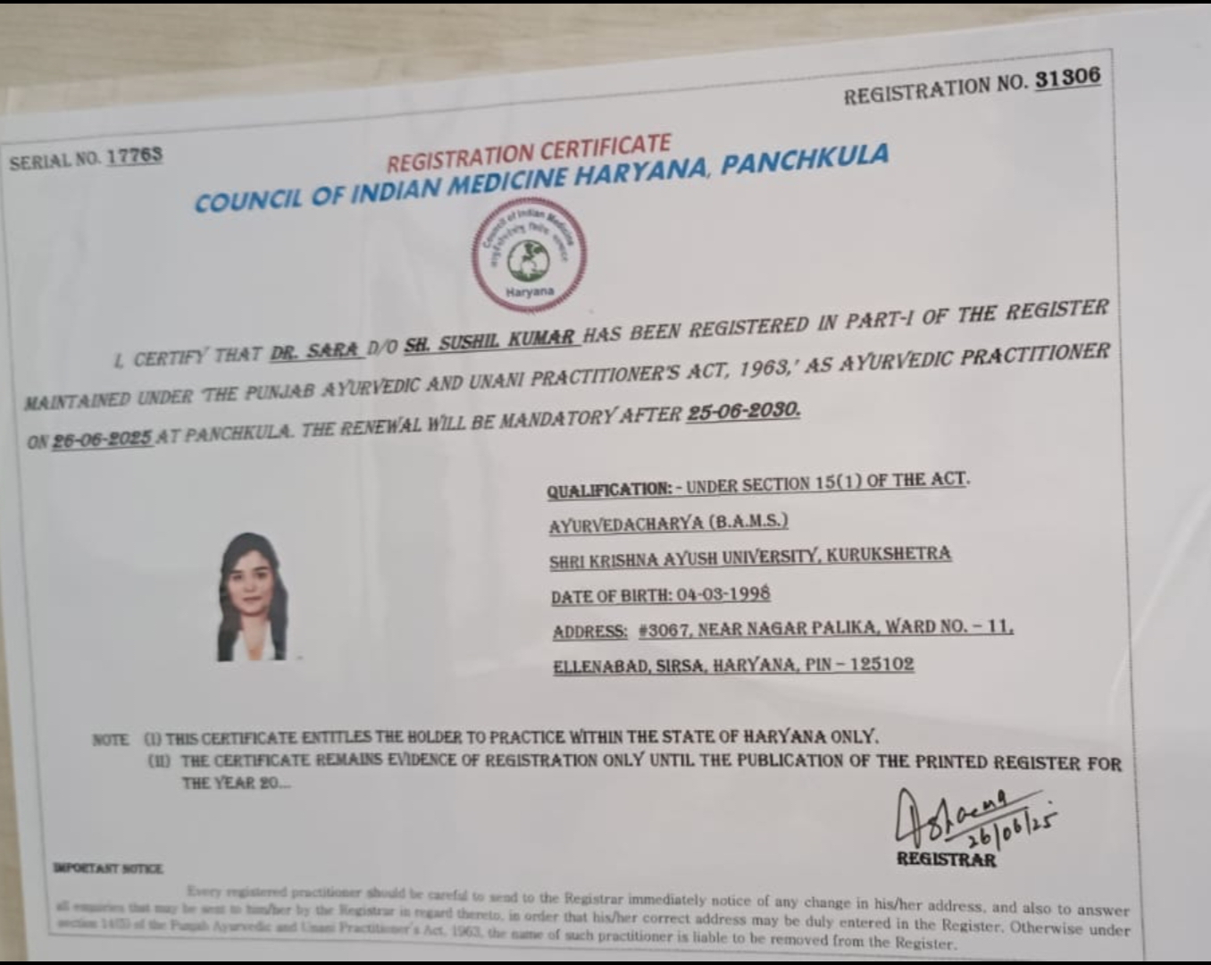 Ayurvedic doctor's certificate