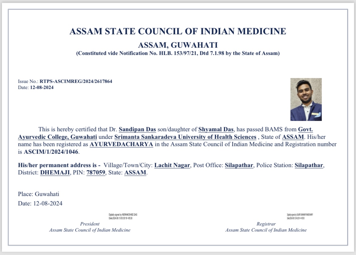Ayurvedic doctor's certificate