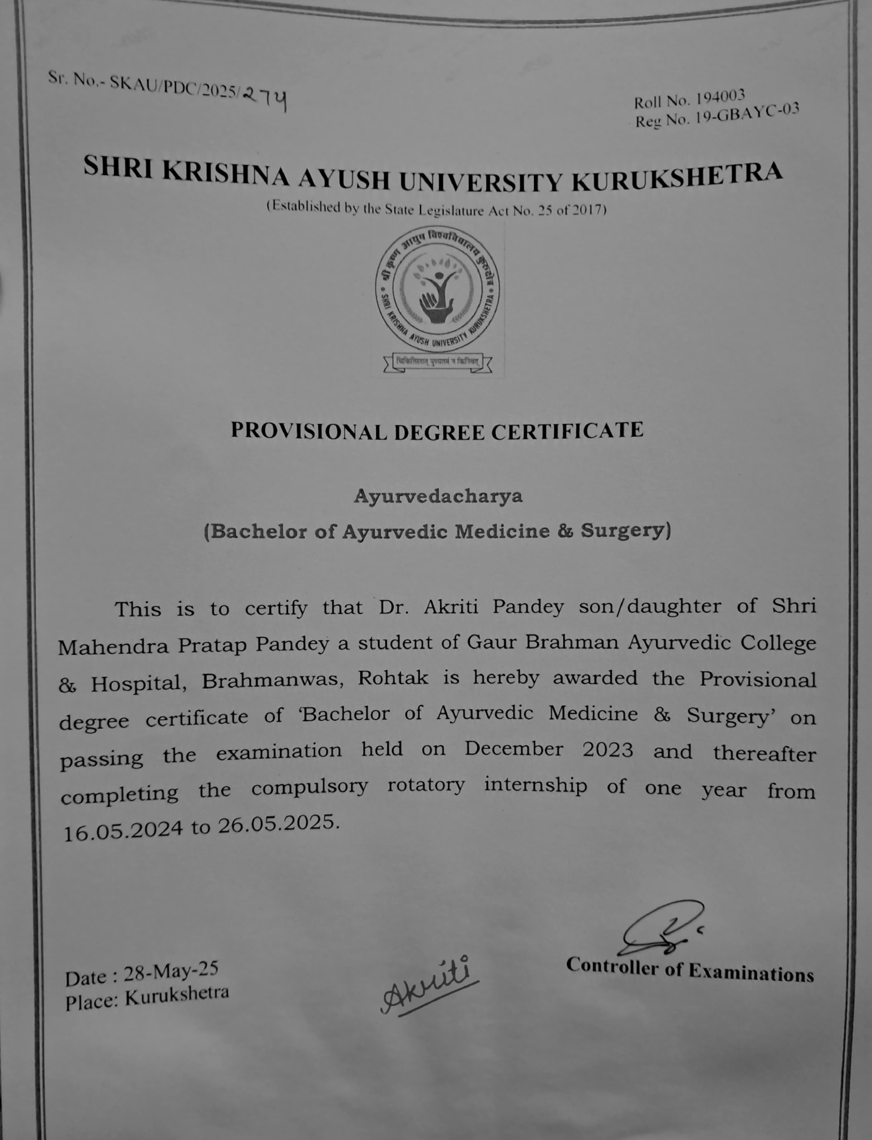 Ayurvedic doctor's certificate