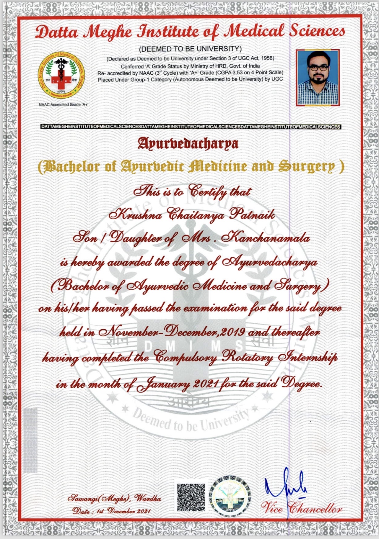 Ayurvedic doctor's certificate