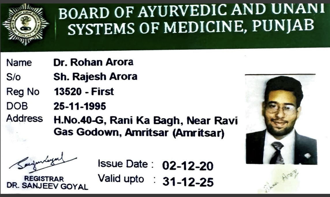 Ayurvedic doctor's certificate