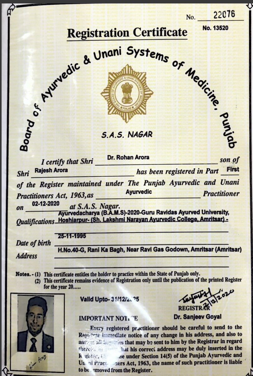 Ayurvedic doctor's certificate