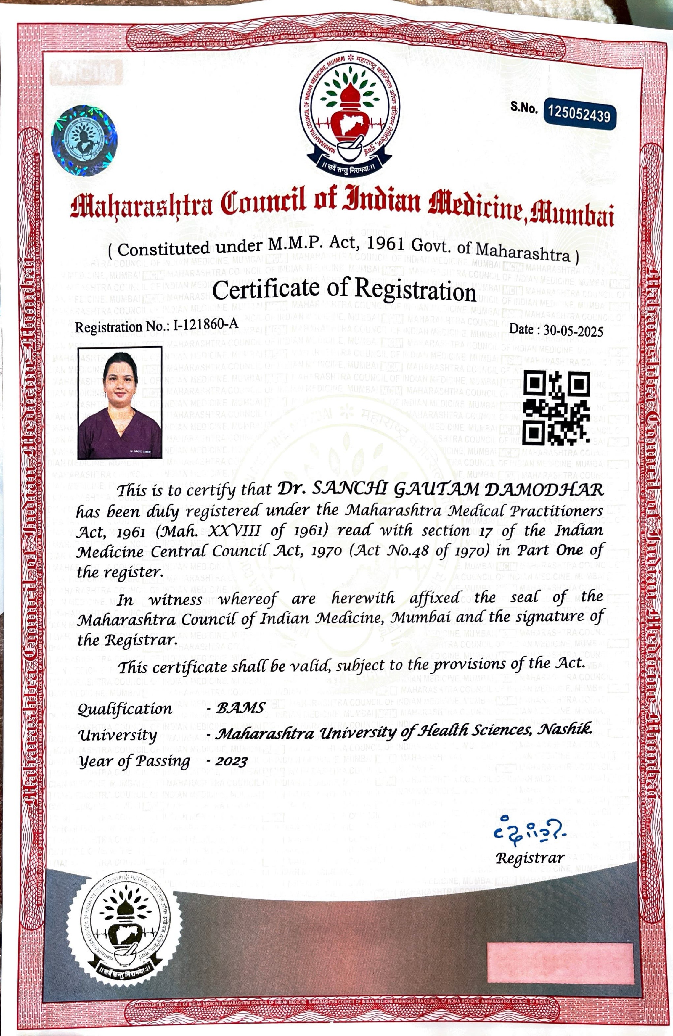 Ayurvedic doctor's certificate