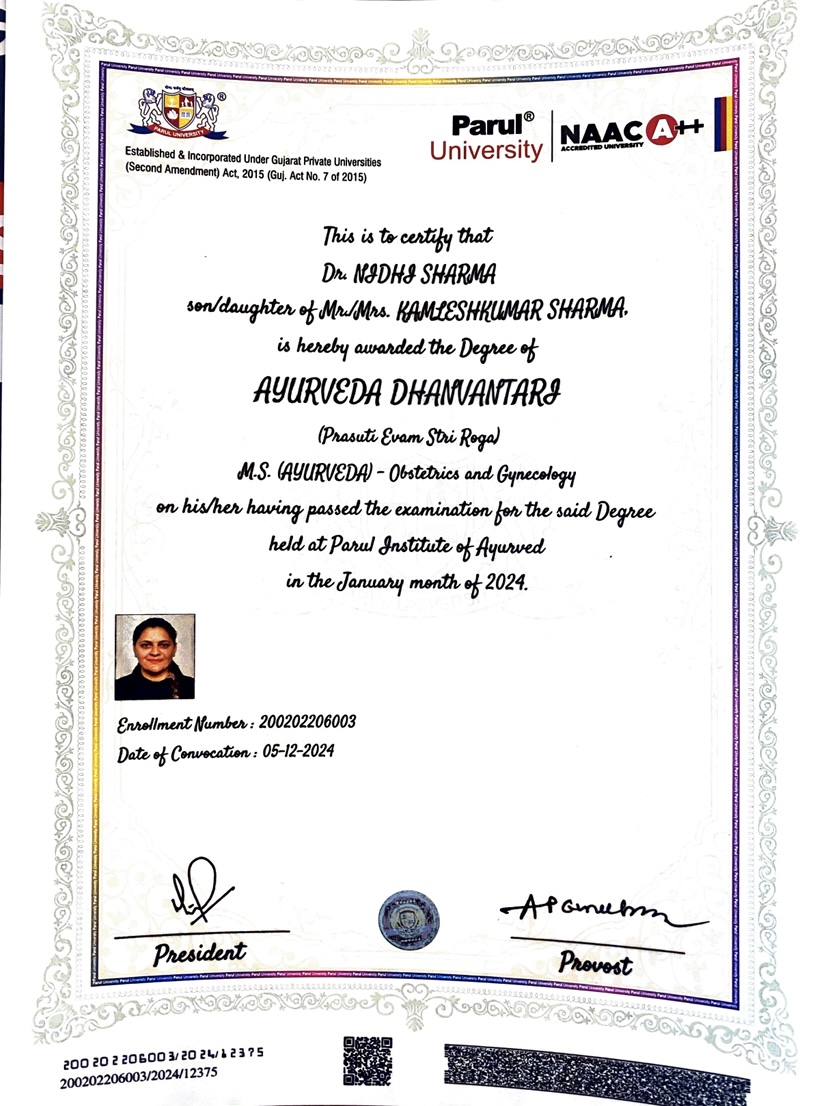 Ayurvedic doctor's certificate