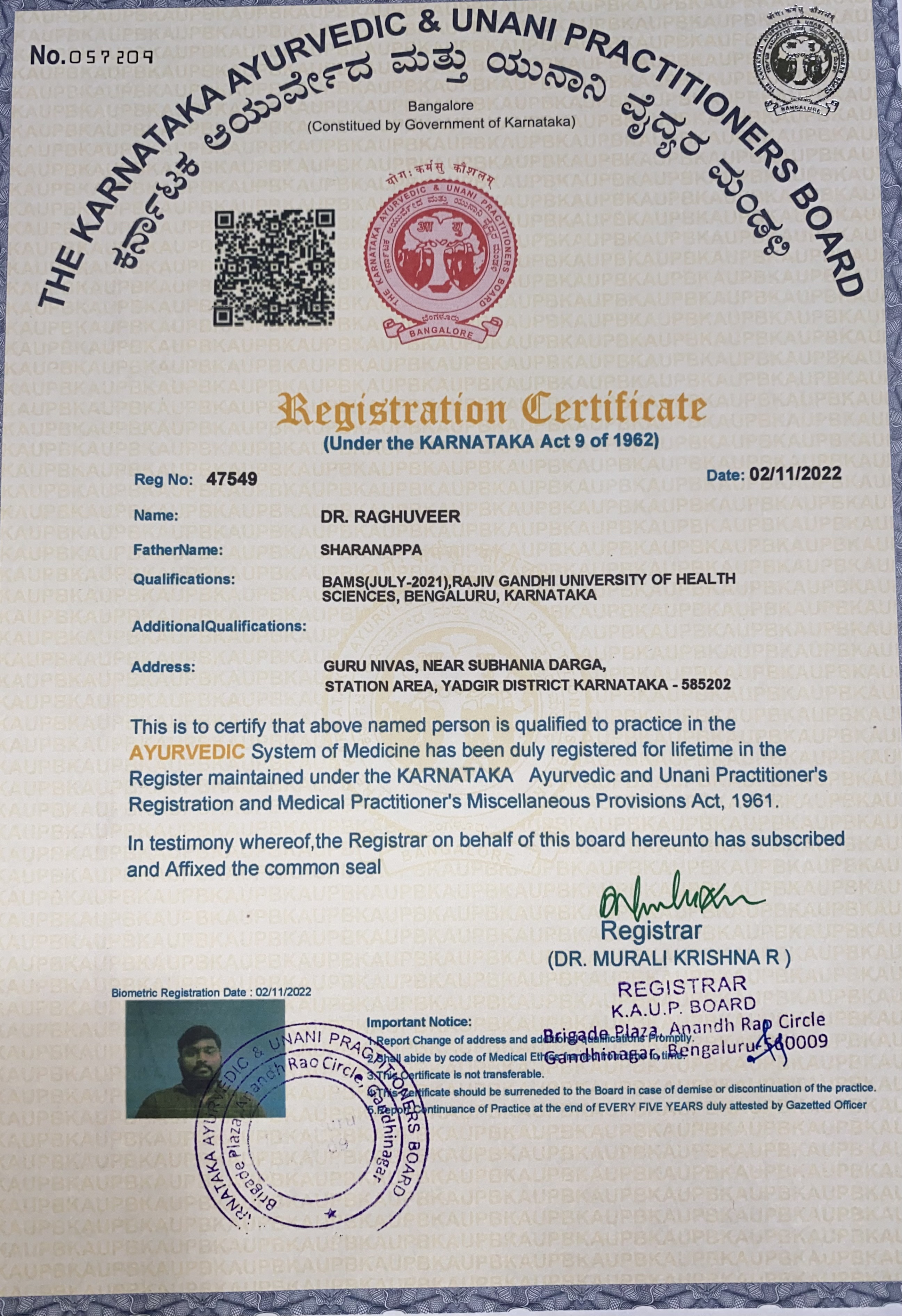 Ayurvedic doctor's certificate