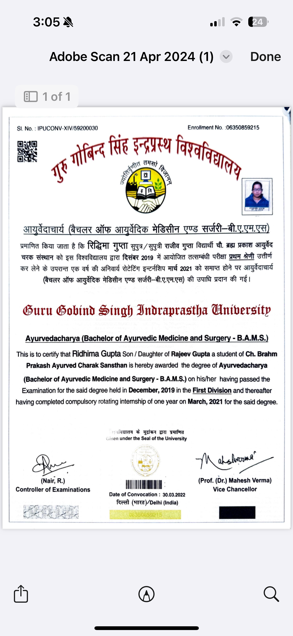 Ayurvedic doctor's certificate