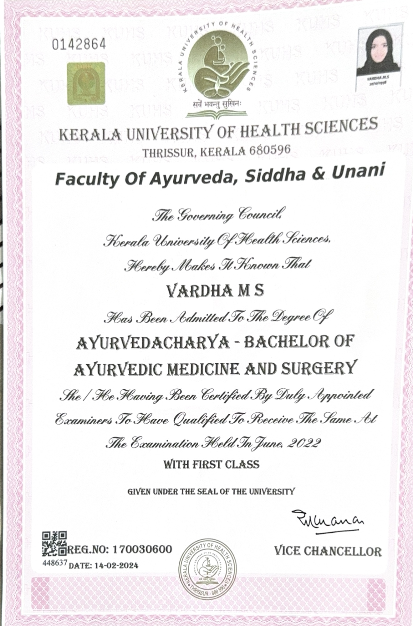 Ayurvedic doctor's certificate