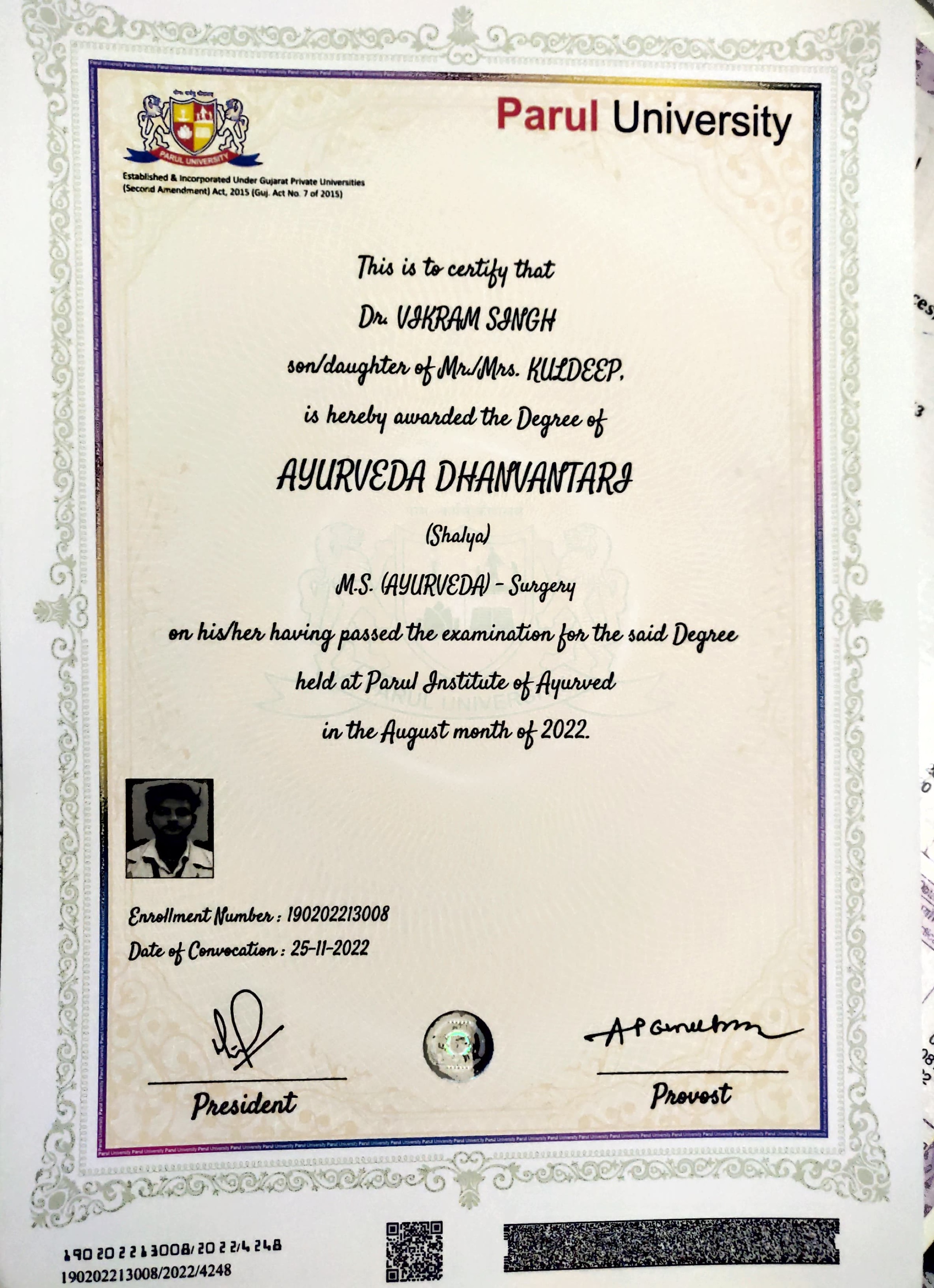 Ayurvedic doctor's certificate