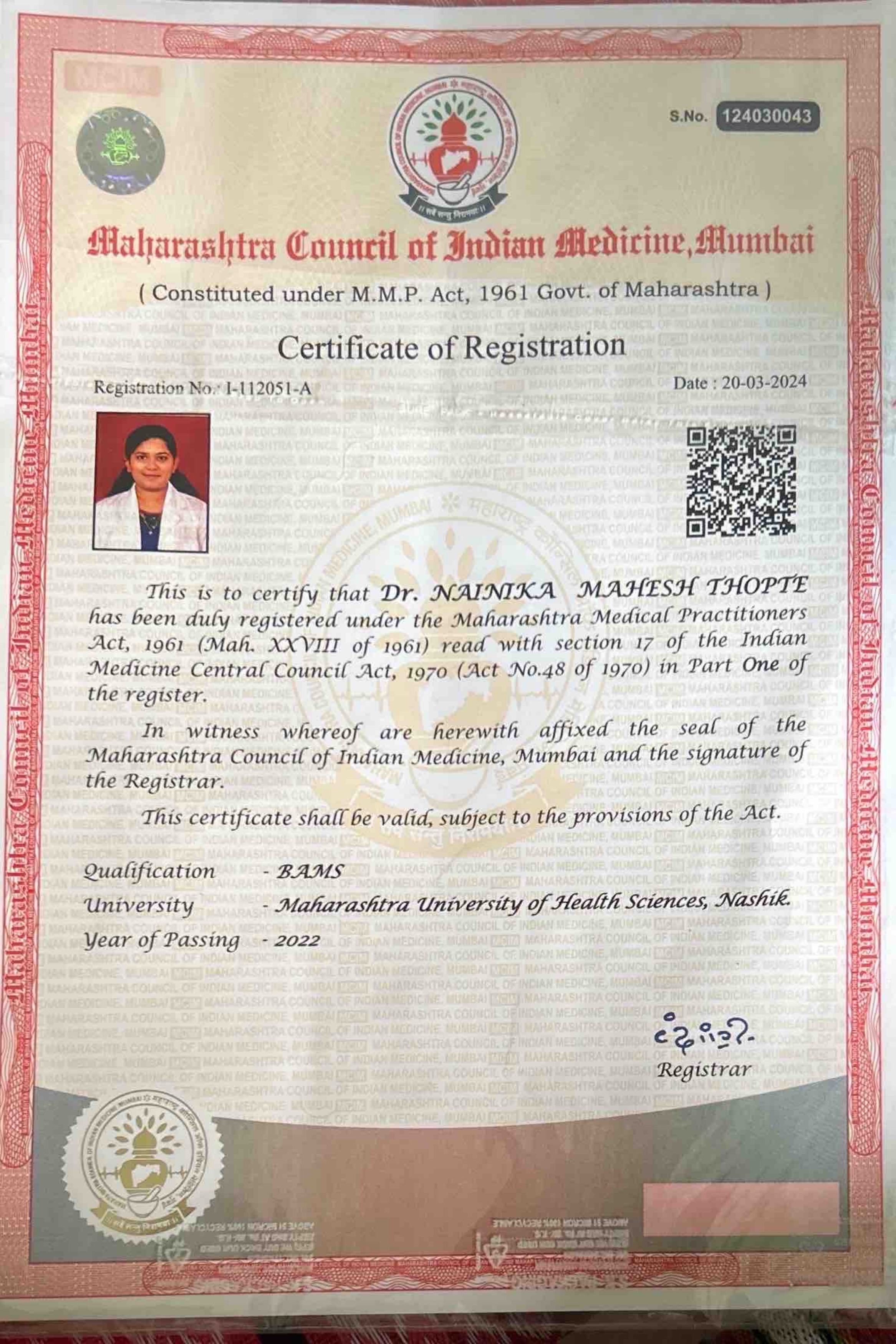 Ayurvedic doctor's certificate