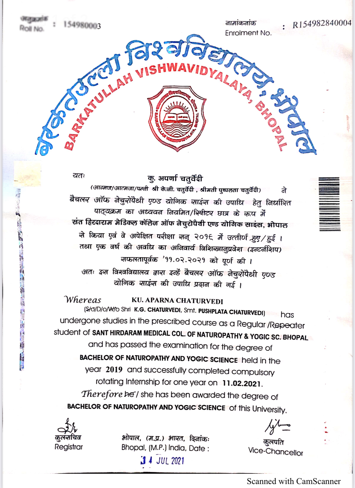 Ayurvedic doctor's certificate