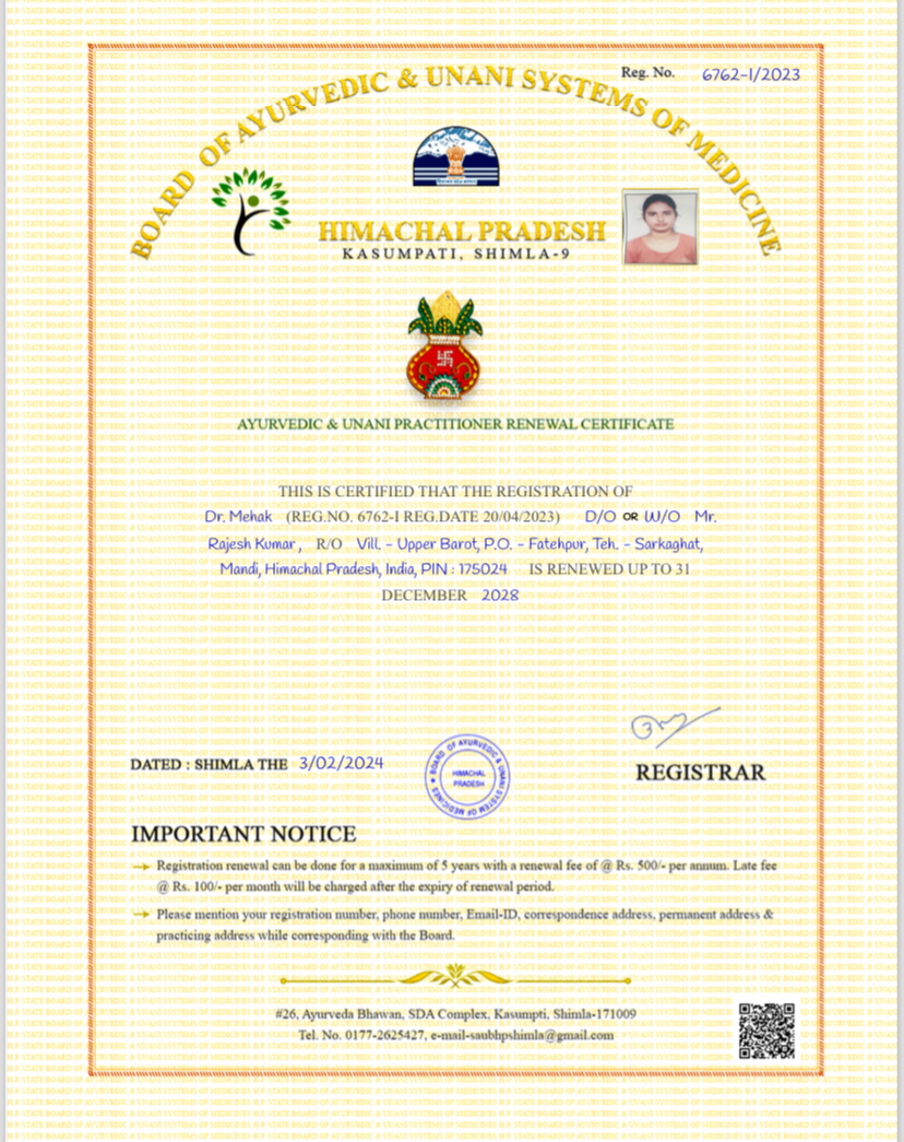 Ayurvedic doctor's certificate