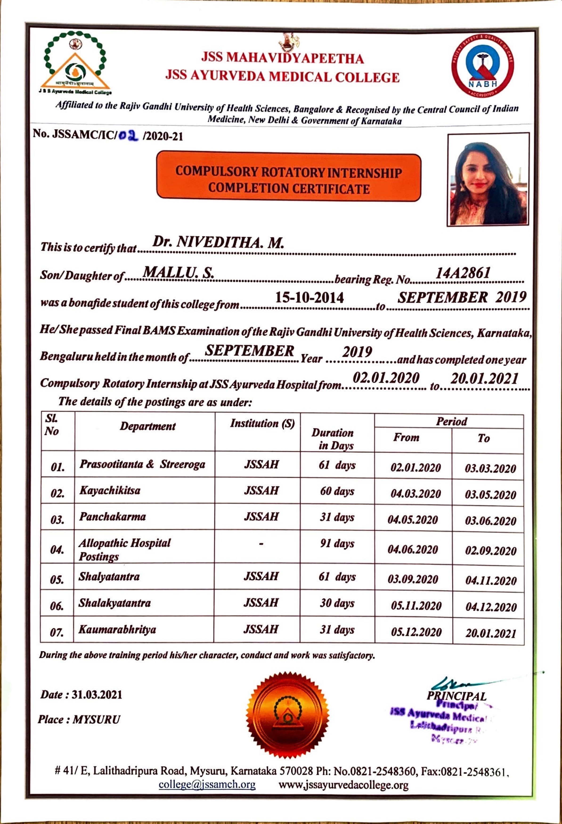 Ayurvedic doctor's certificate