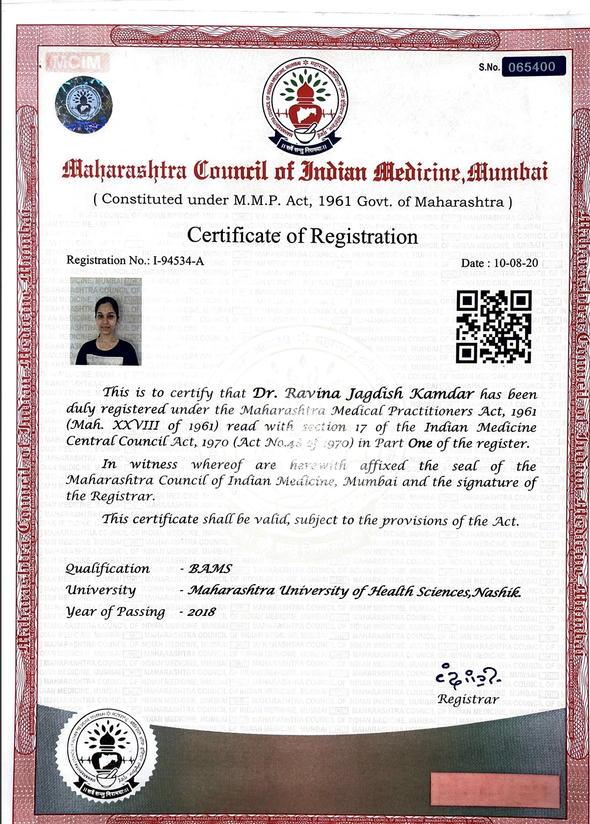 Ayurvedic doctor's certificate