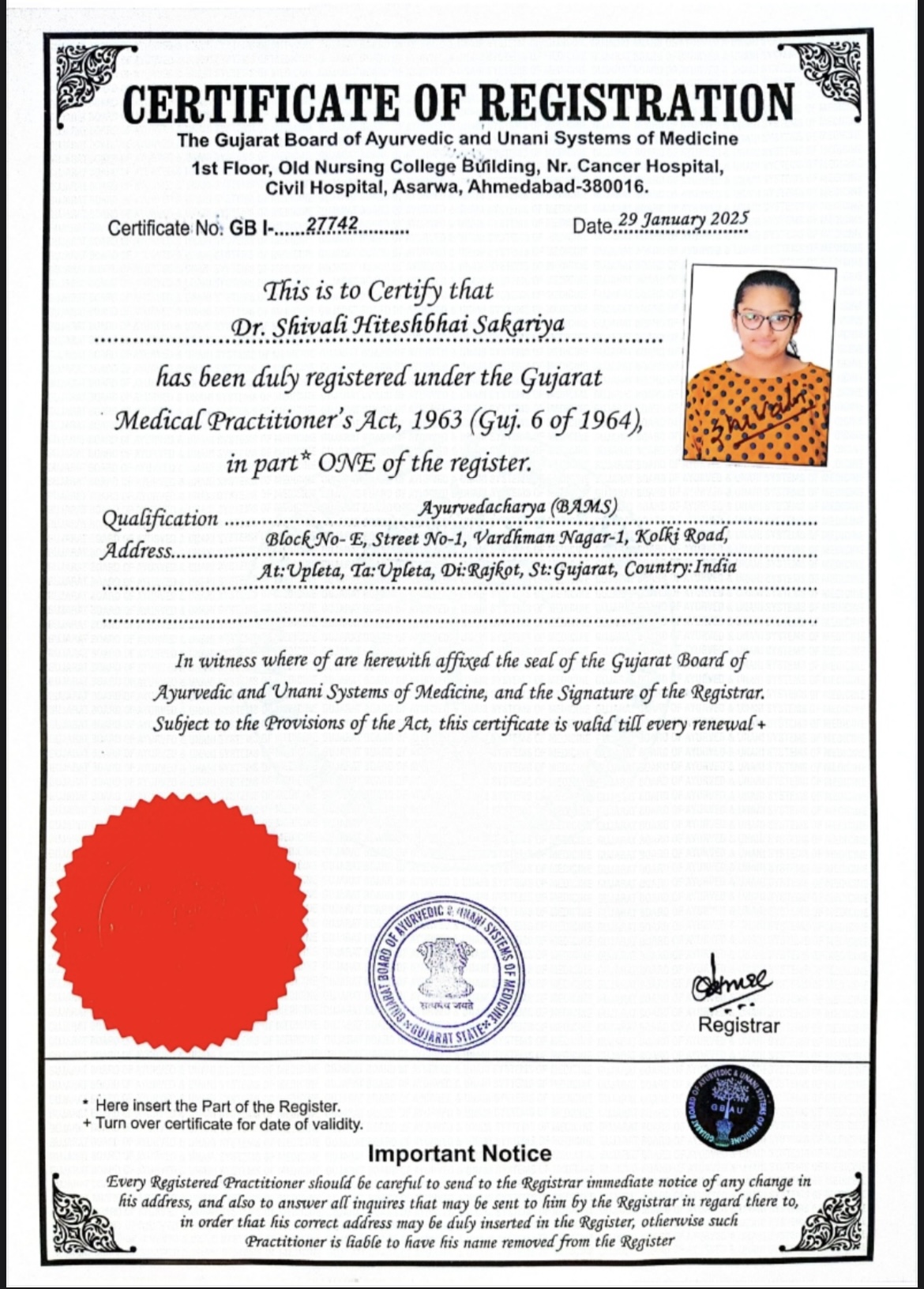 Ayurvedic doctor's certificate
