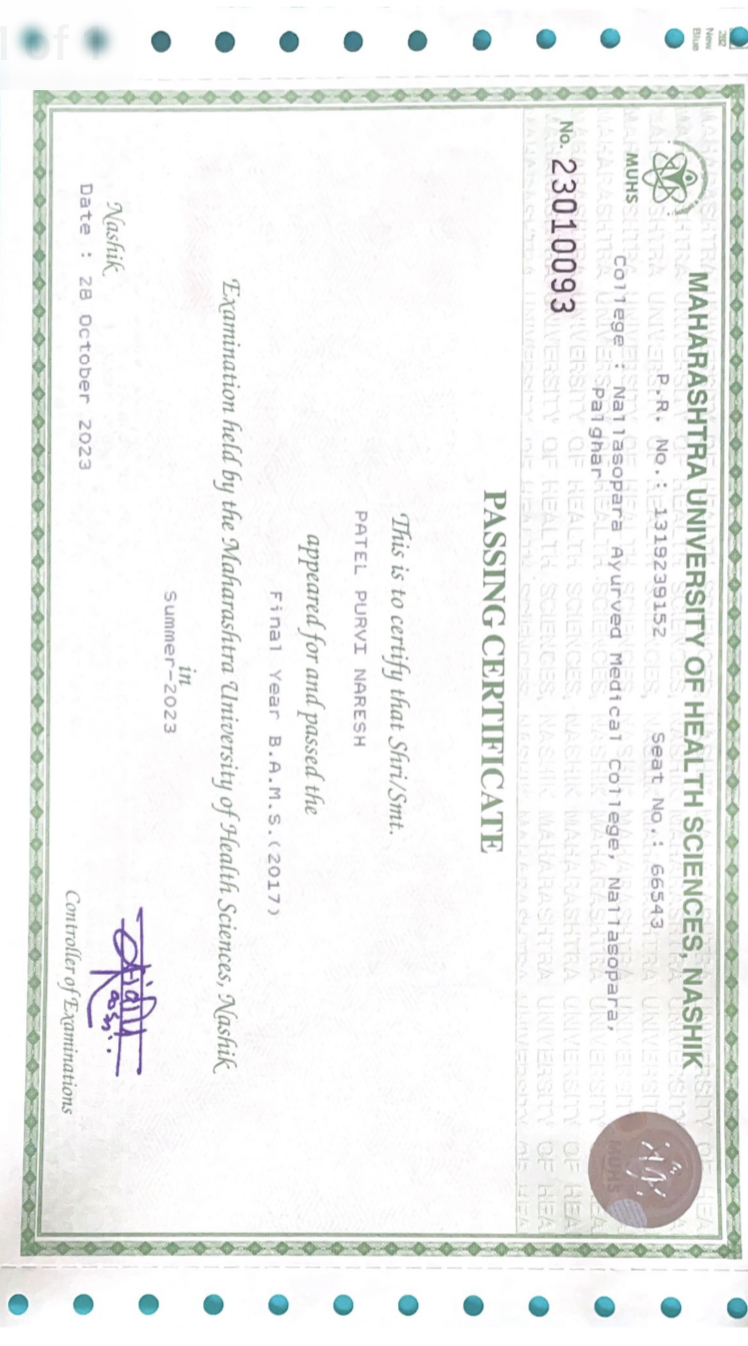 Ayurvedic doctor's certificate