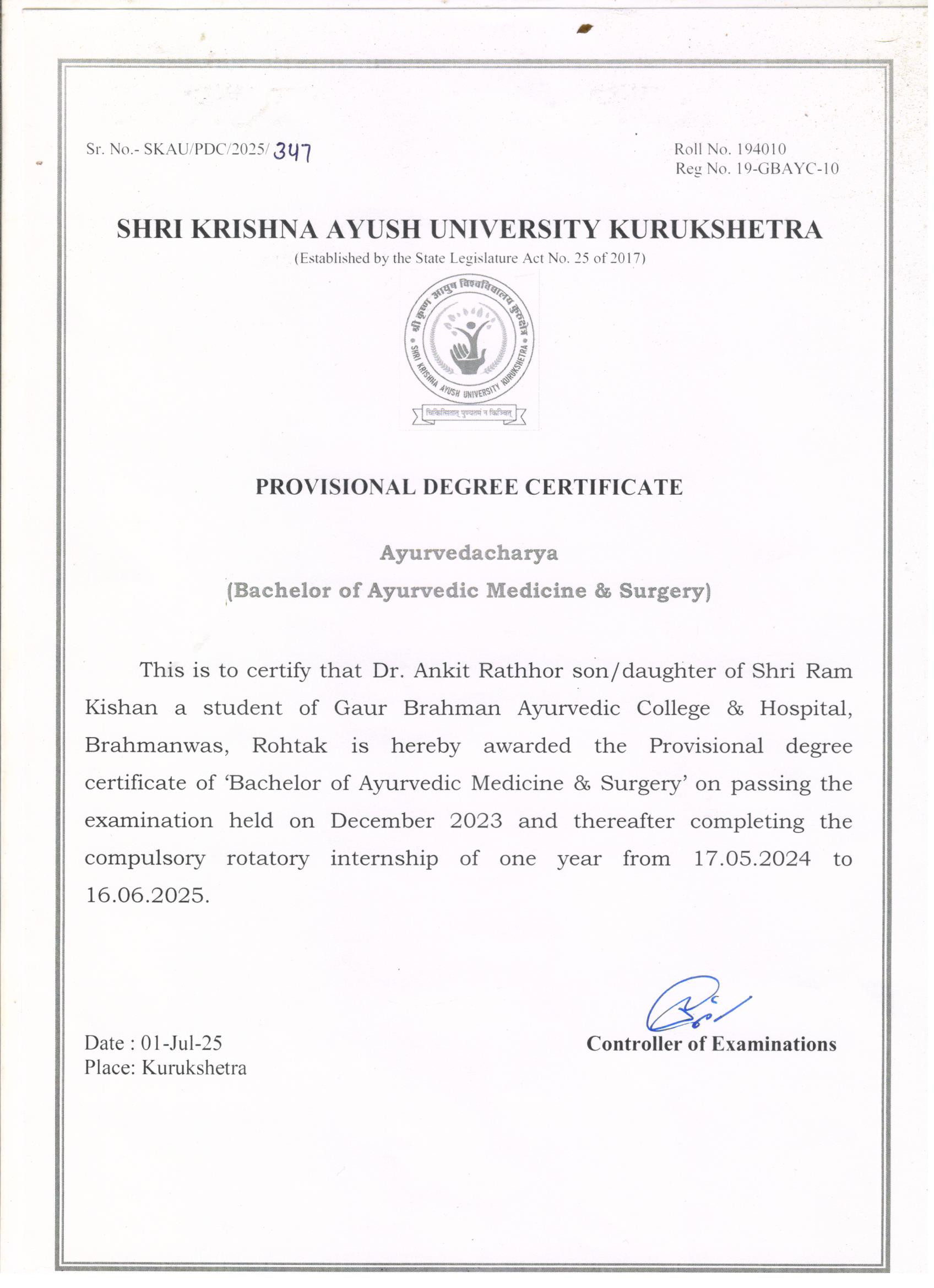 Ayurvedic doctor's certificate