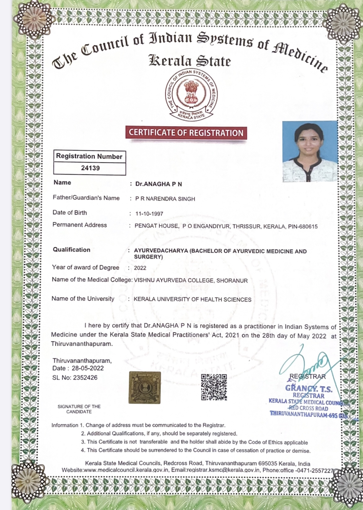 Ayurvedic doctor's certificate