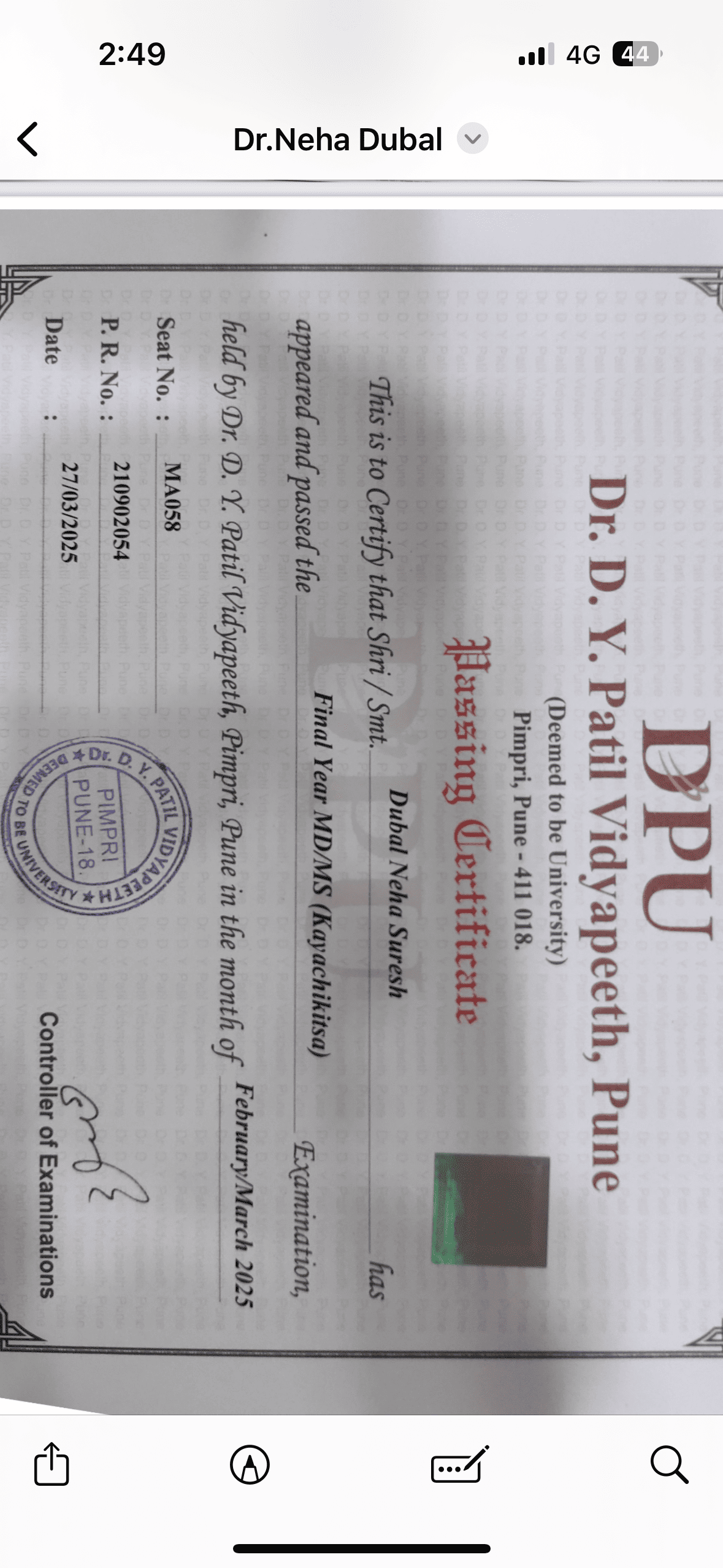 Ayurvedic doctor's certificate