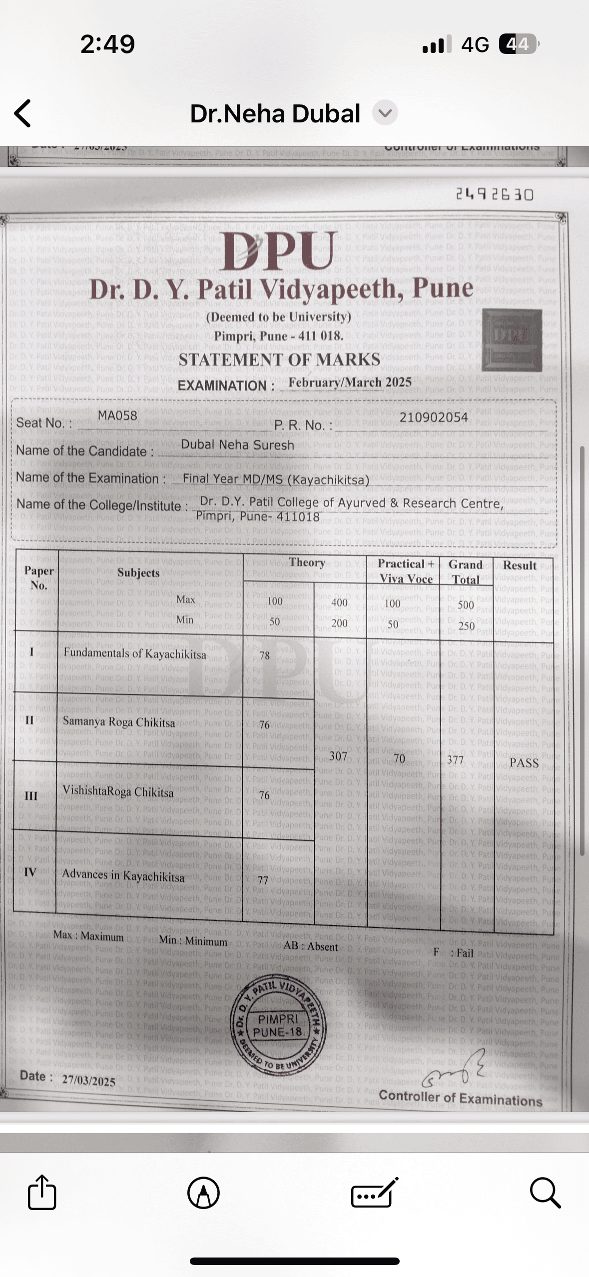 Ayurvedic doctor's certificate