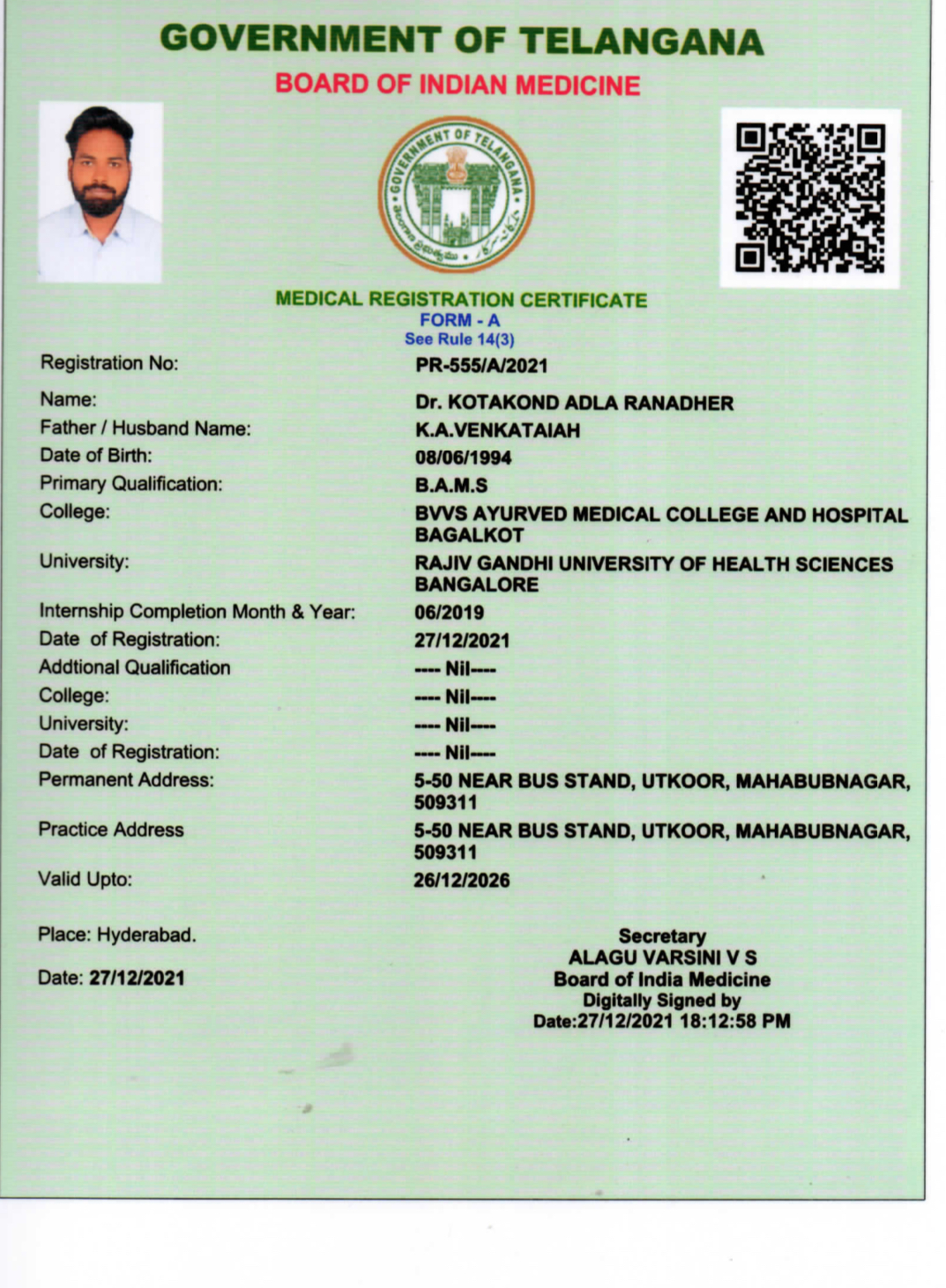 Ayurvedic doctor's certificate