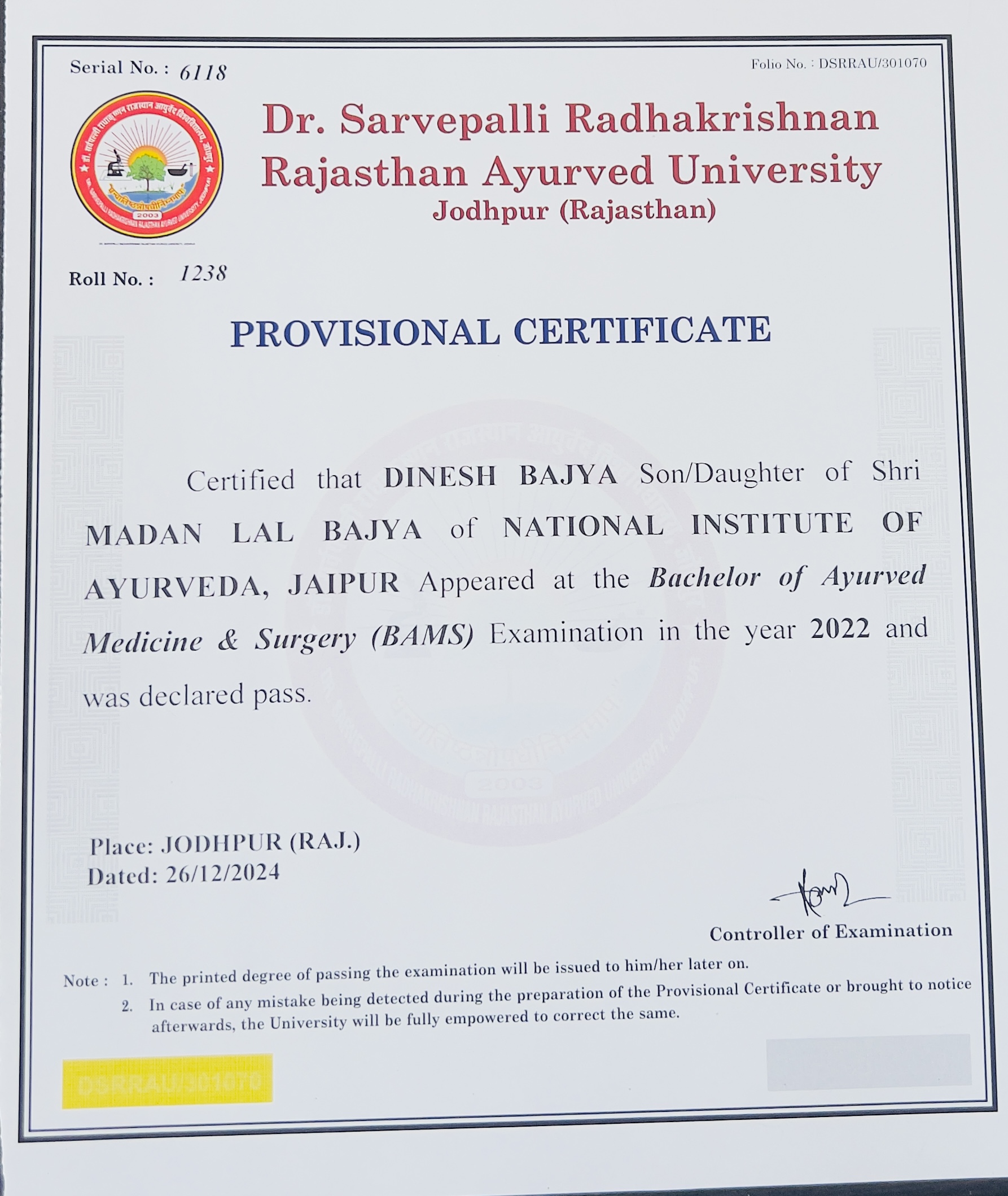 Ayurvedic doctor's certificate