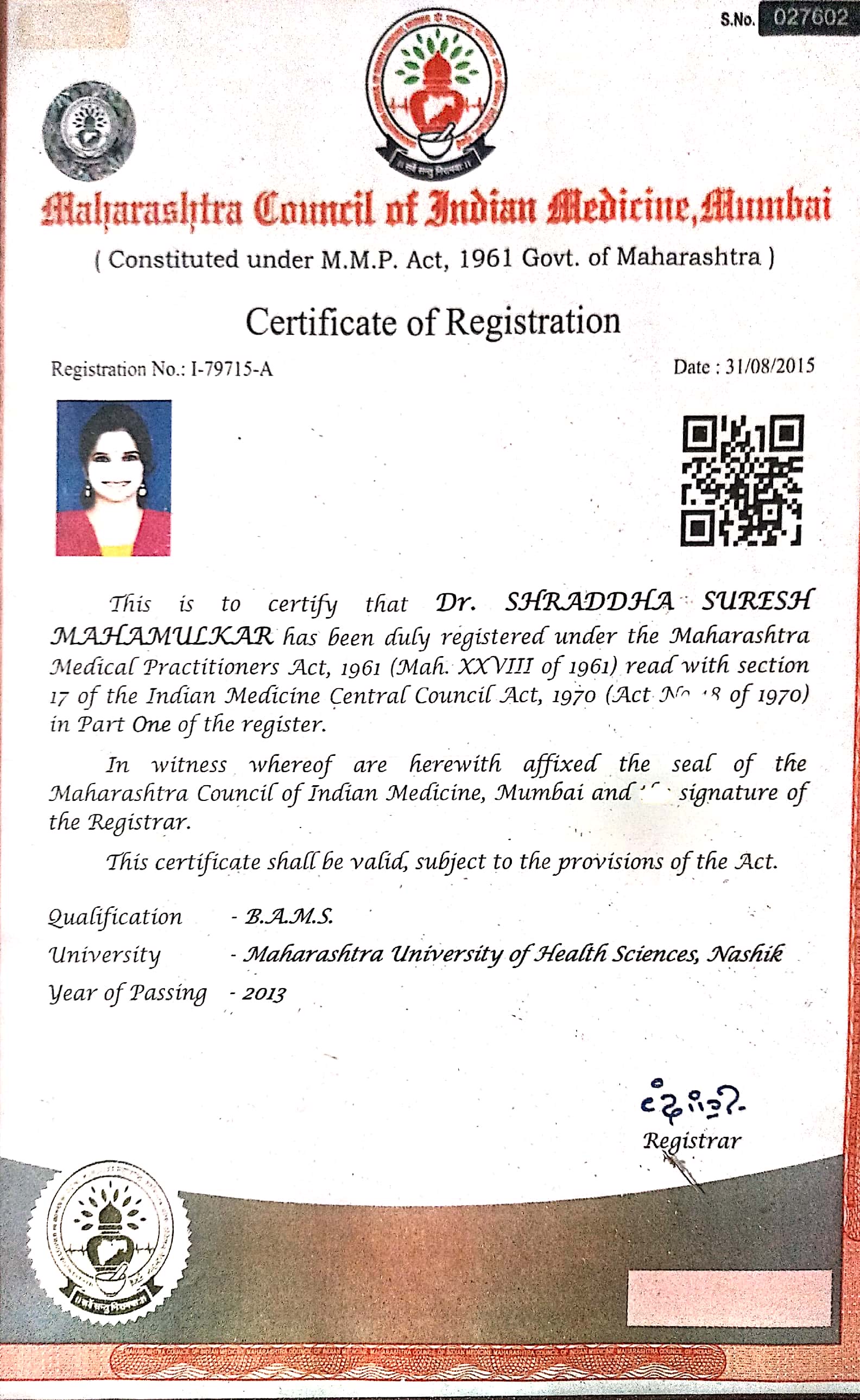 Ayurvedic doctor's certificate