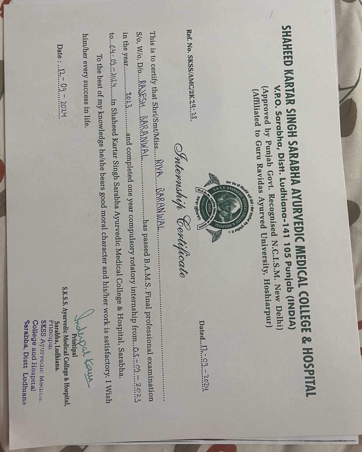 Ayurvedic doctor's certificate