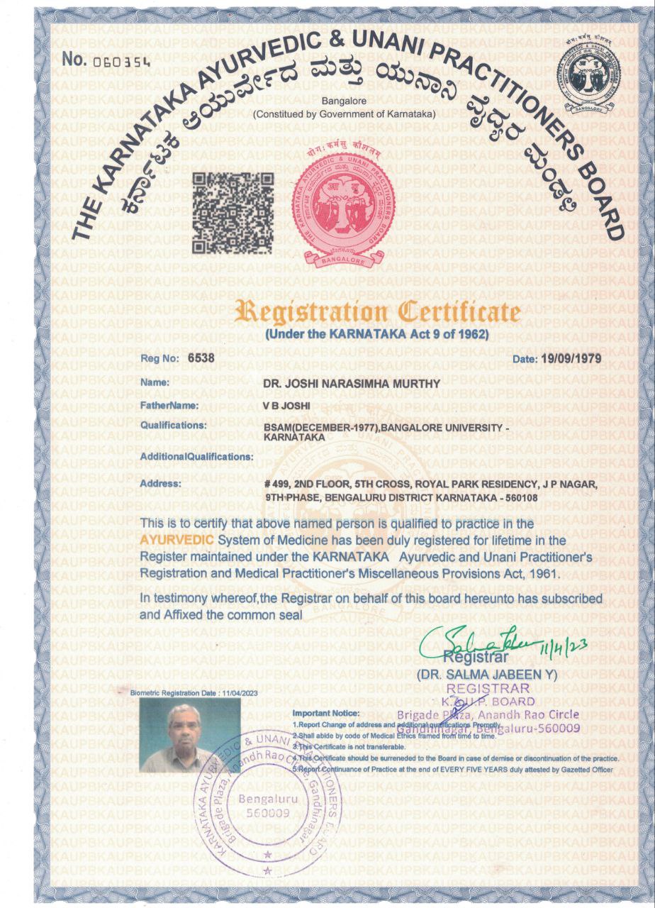 Ayurvedic doctor's certificate