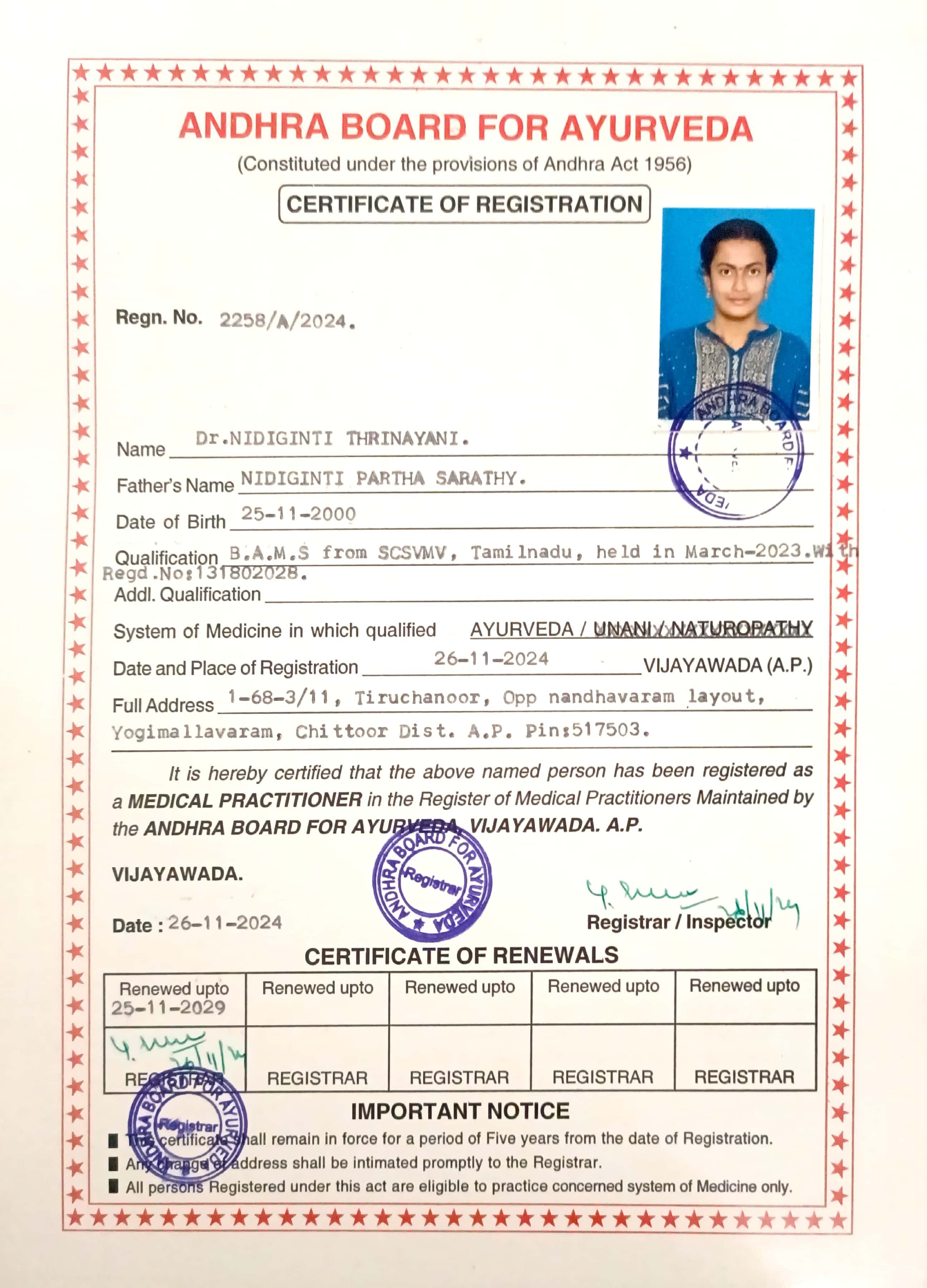 Ayurvedic doctor's certificate