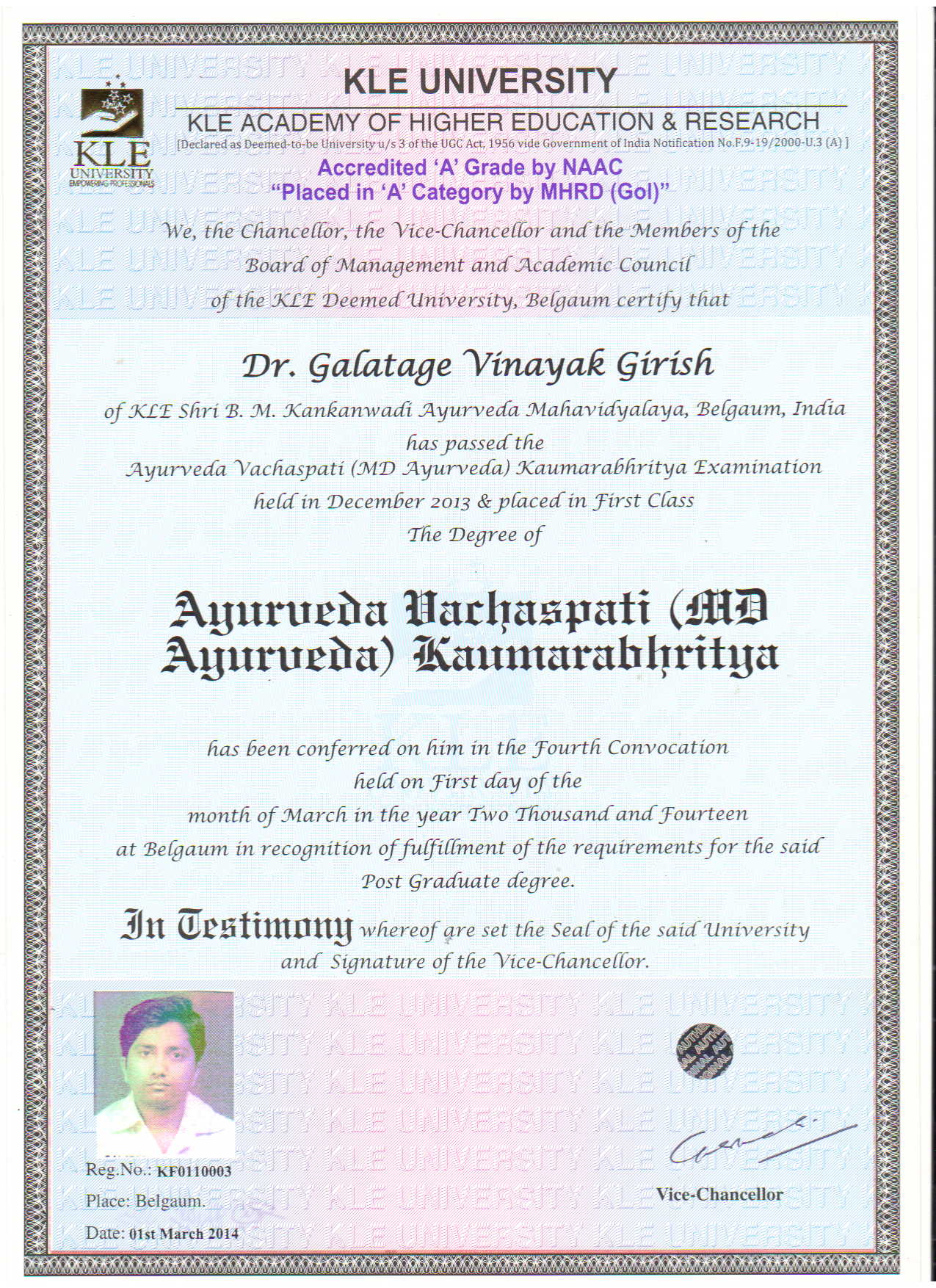 Ayurvedic doctor's certificate