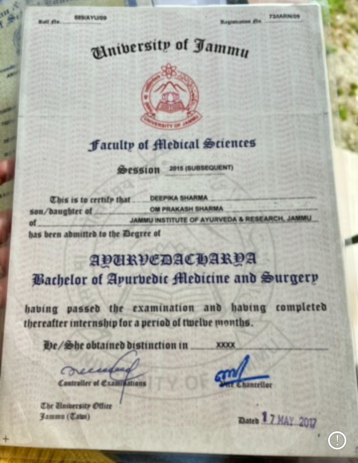Ayurvedic doctor's certificate
